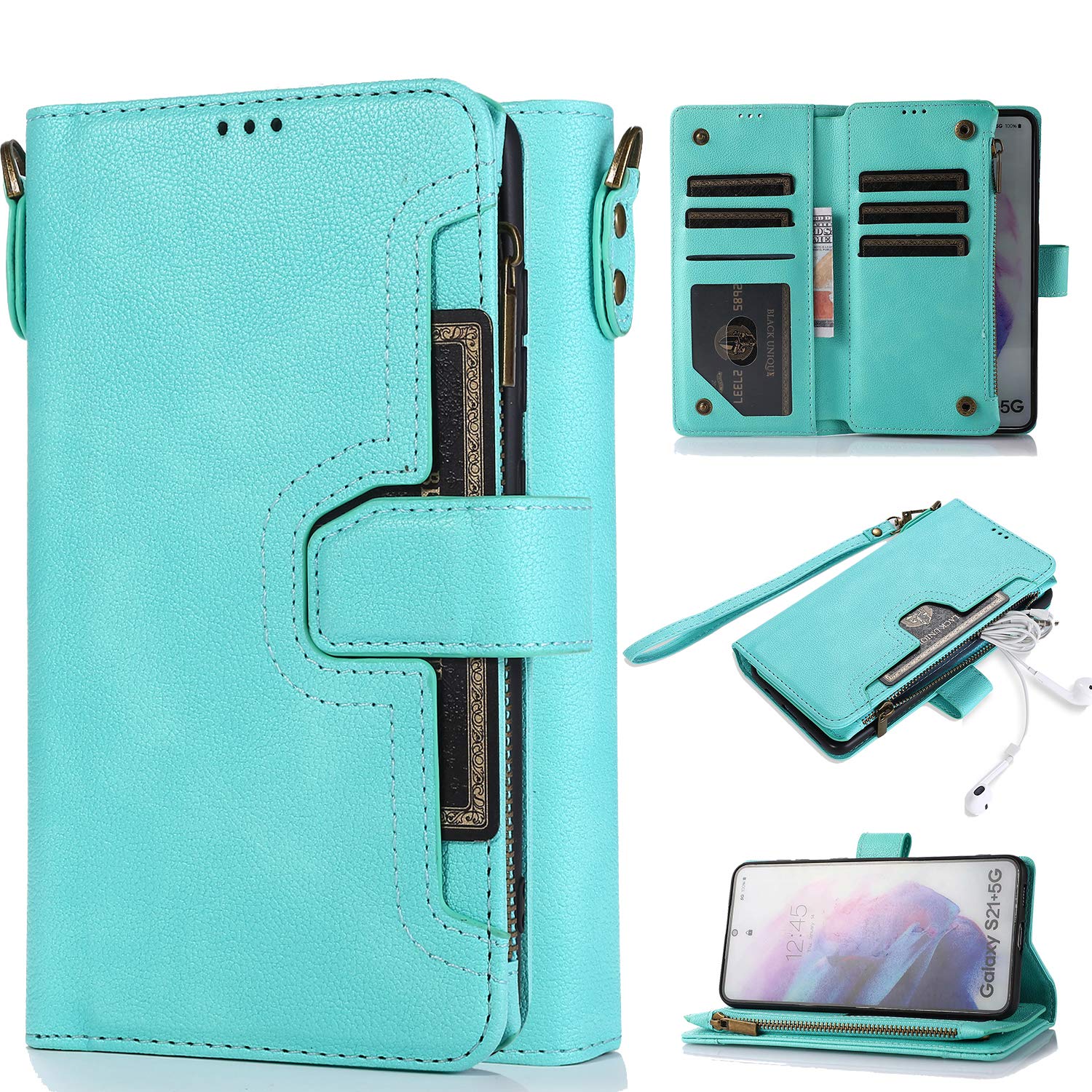 Samsung Galaxy S21 Ultra Wallet Case for Women - PU Leather Flip Cover with Card Holder, Zipper Pocket & Wrist Strap - Magnetic Closure Phone Pouch (Green) - Perfect for Travel, Shopping & Everyday Use