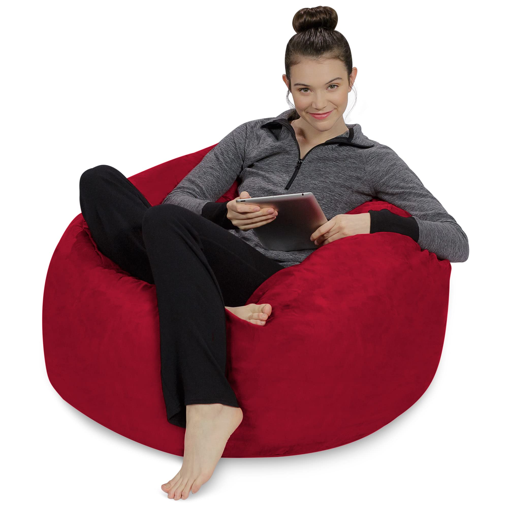 3' Memory Foam Bean Bag Chair - Soft Microfiber Cover Sofa Sack in Cherry Red | Comfortable Lounge Seating for Living Room, Bedroom & Game Room