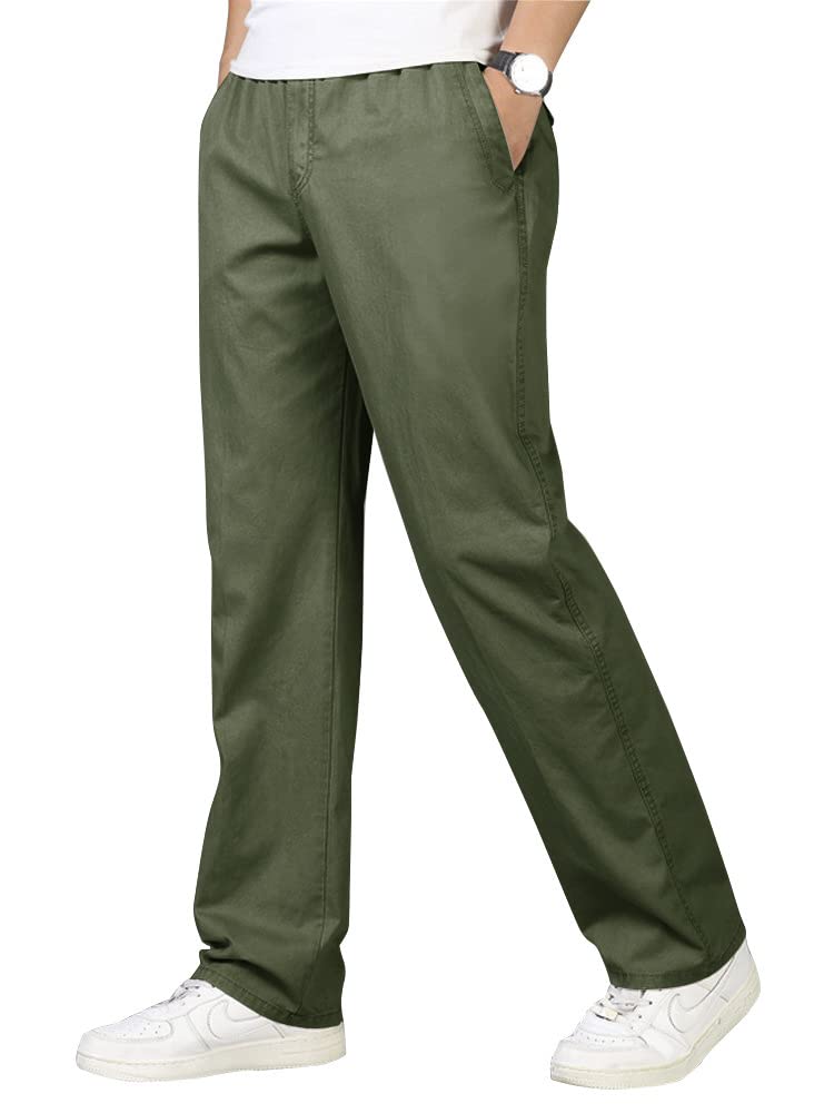 OCHENTA Men's Elastic Waist Relaxed Fit Straight Leg Casual Pants - Comfortable Lounge & Work Pants for Home, Office and Outdoor Activities