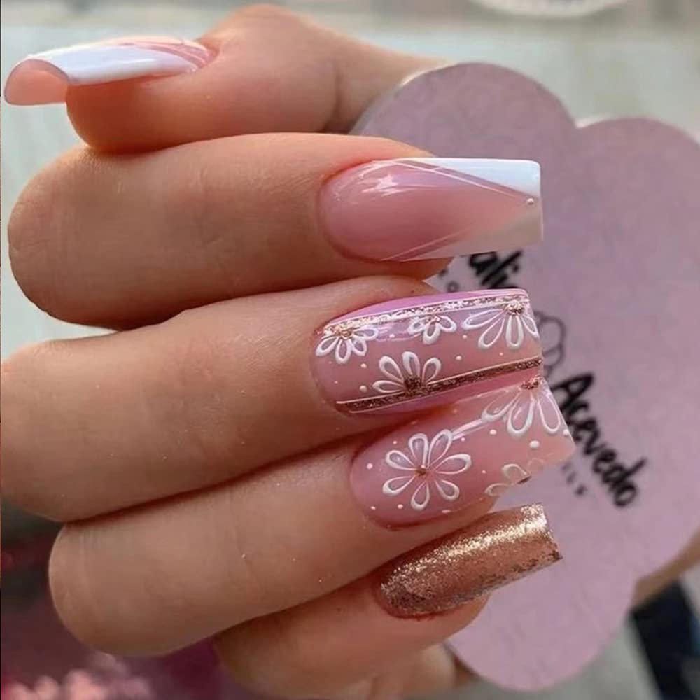 Floral French Tip Press on Nails - Long Square Glue on Fake Nails with Glitter Sequins Designs, 24PCS Full Cover Artificial Nails for Women & Girls, DIY Nail Art - Perfect for Parties, Weddings & Daily Wear