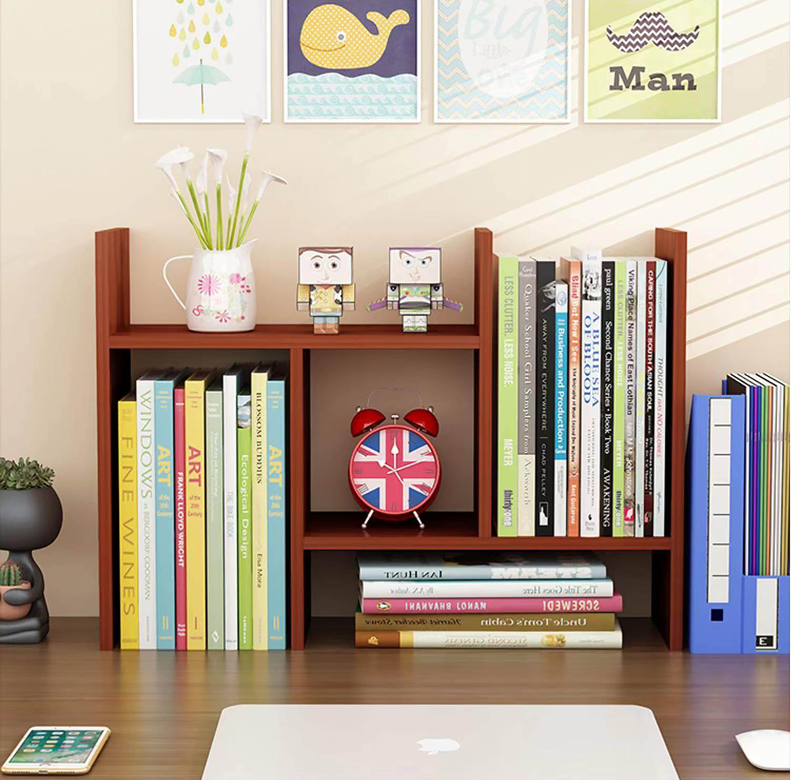 Adjustable Wooden Desktop Bookshelf Organizer - Office Desk Storage Rack, Book Display Shelf for Home & Office - Perfect for Books, Decor, and Office Supplies Organization (Natural Finish)