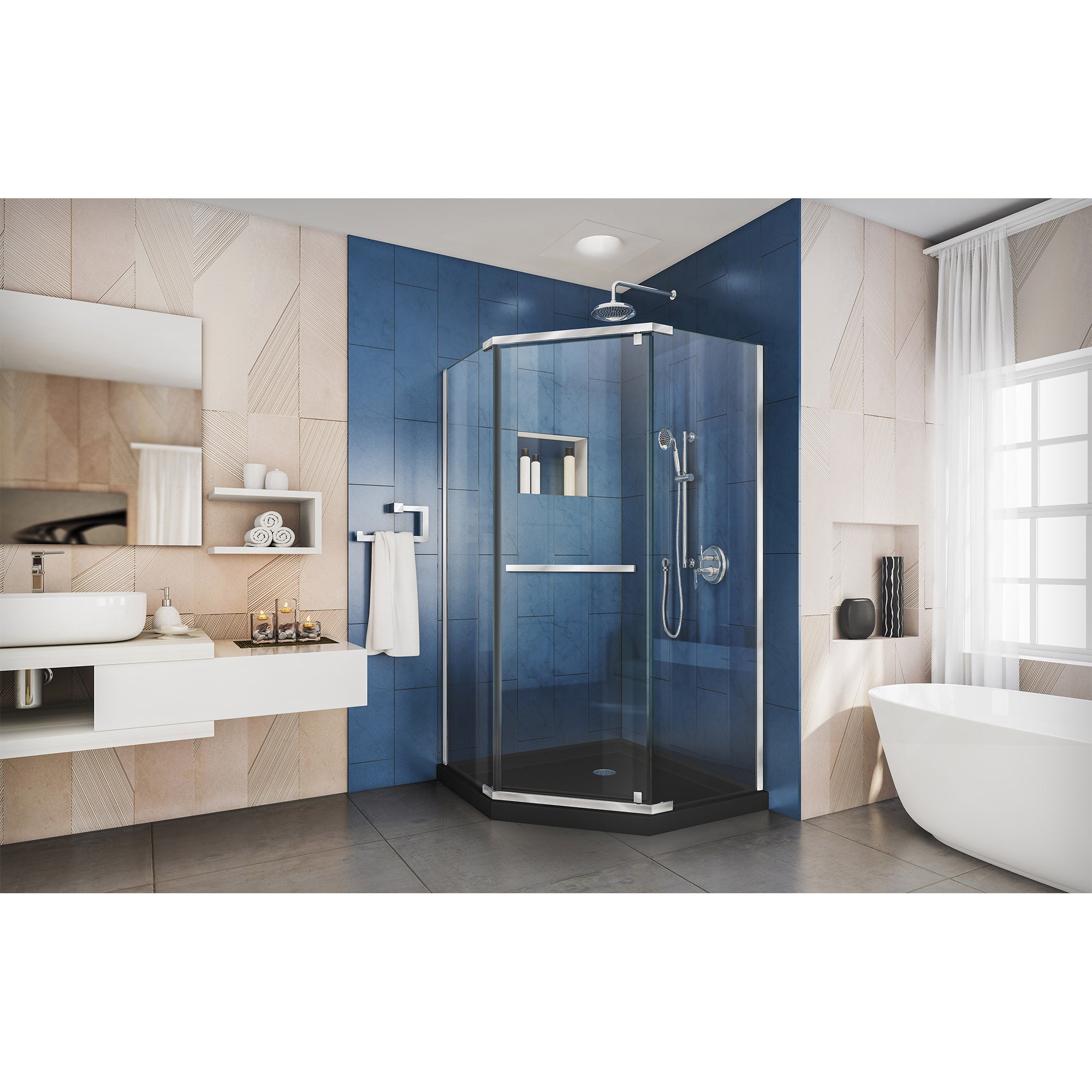 DreamLine Prism 42x42x74.75 Inch Frameless Pivot Shower Enclosure with SlimLine Base Kit - Modern Bathroom Upgrade for Small Spaces & Luxurious Spa Experience