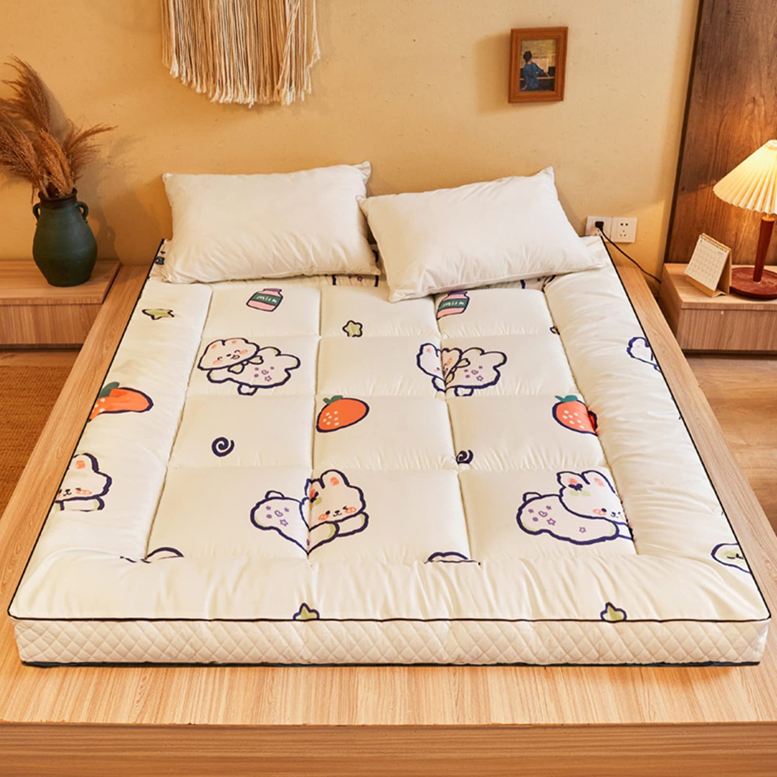 Japanese Futon Mattress - Thick Roll Up Winter Quilted Floor Mattress, Portable Folding Tatami Sleeping Pad for Camping, Couch, Guest Bed - Rabbit Print Design 120x200cm (47x79inch) - Perfect for Small Spaces, Sleepovers & Travel