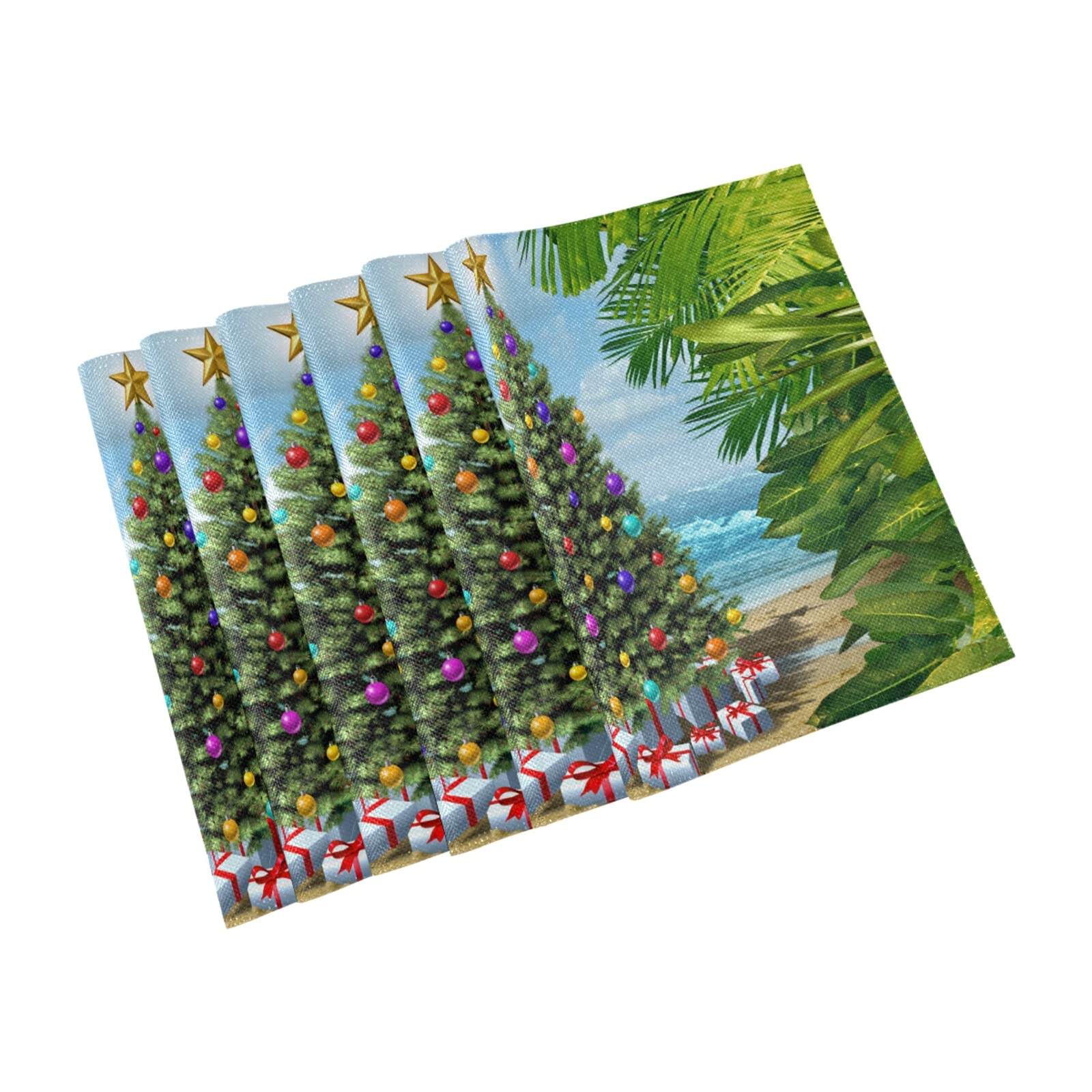 WIHVE 6-Pack Polyester Placemats - Tropical Palm Leaf & Christmas Tree Design Waterproof Table Mats for Dining, Kitchen, Beach Party, Holiday Decor, Indoor and Outdoor Use