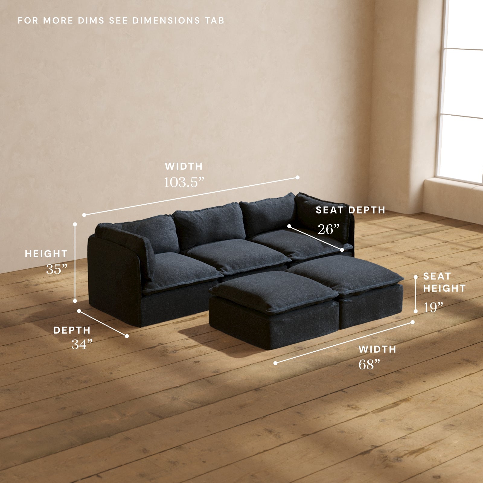 Premium Modular Performance 3-Seater Sofa with Ottoman Bench in Indigo Blue | Ultra Soft Relaxed Blend Fabric | Perfect for Living Room, Lounge & Home Theater Seating