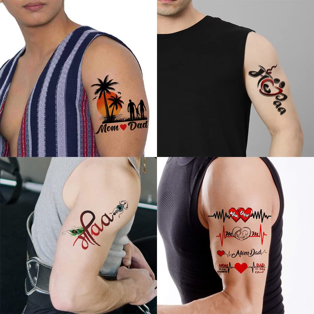 Pack of 4 Temporary Tattoo Stickers - Love Mom Dad & Maa Designs for Men & Women (2x4 Inch) | Waterproof Fake Body Art for Parties, Festivals & Family Events