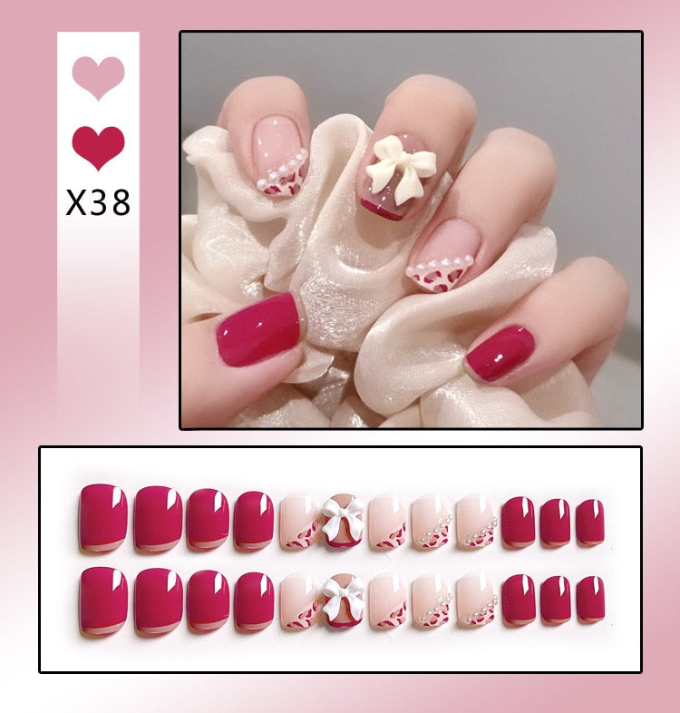24PCS/Box Bowknot Rabbit Pearl Short Square Press-On Fake Nails - French Style Full Cover Artificial Nails for Women, Girls - Perfect for Parties, Weddings, Date Nights & Special Occasions