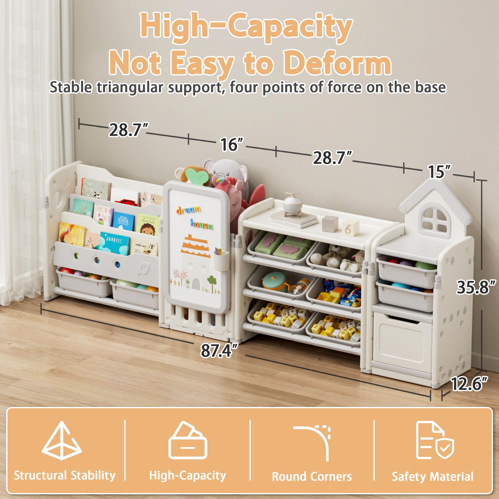 Foldable 3-Tier Kids Toy Storage Organizer with 10 Removable Bins & Bookshelf - Multi-Functional Toy Organizer with Drawing Board & 3 Brushes (4-in-1 Off-White) - Perfect for Playroom, Bedroom & Classroom Organization