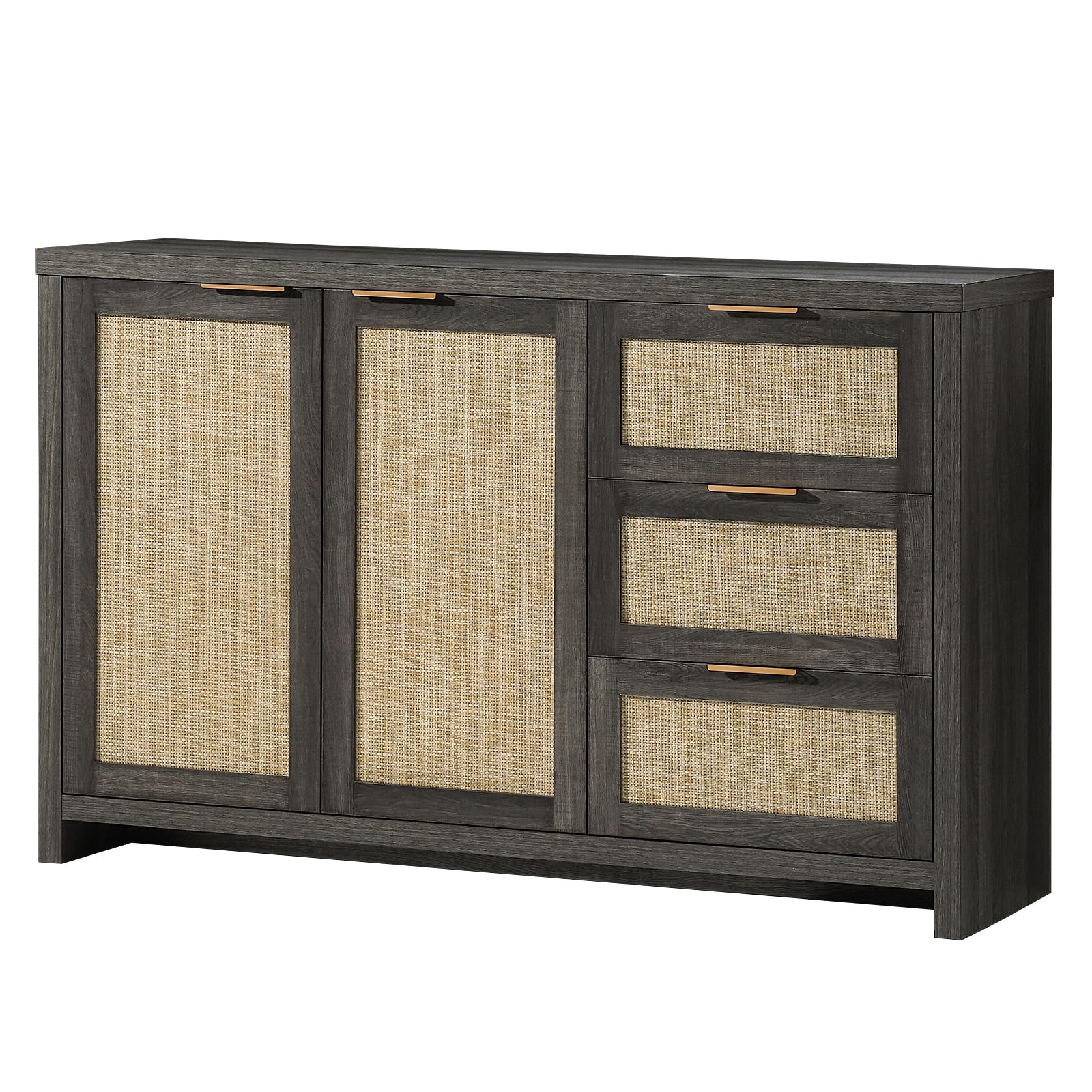 Midnight Oak Rattan Sideboard Cabinet - 3 Drawers & 2 Doors Kitchen Storage Organizer, Buffet Console Table for Dining Room, Hallway, Living Room & Bar - Perfect for Entertaining Guests & Home Organization