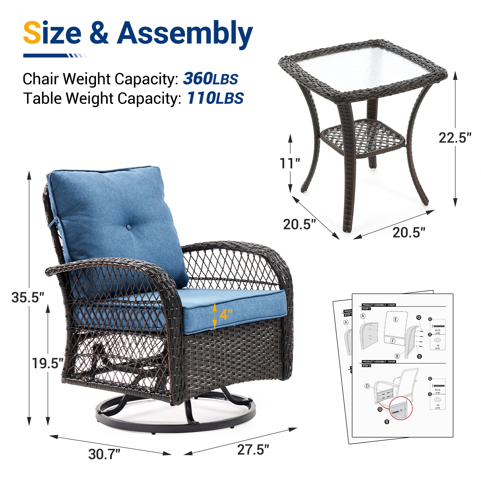 UDPATIO 3-Piece Outdoor Patio Furniture Set - 2 Swivel Rocking Chairs with Thick Cushions & Glass Coffee Table - All-Weather Wicker Glider Seating for Porch, Deck, Backyard, Garden (Blue) - Perfect for Relaxing, Entertaining Guests, and Enjoying Sunny Days