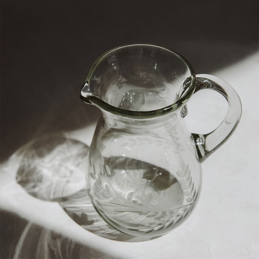 Handcrafted Etched Glass Pitcher for Water & Juice | Elegant Small Pitcher for Tea, Lemonade & Cocktails | Perfect for Home, Restaurant & Wedding Decor