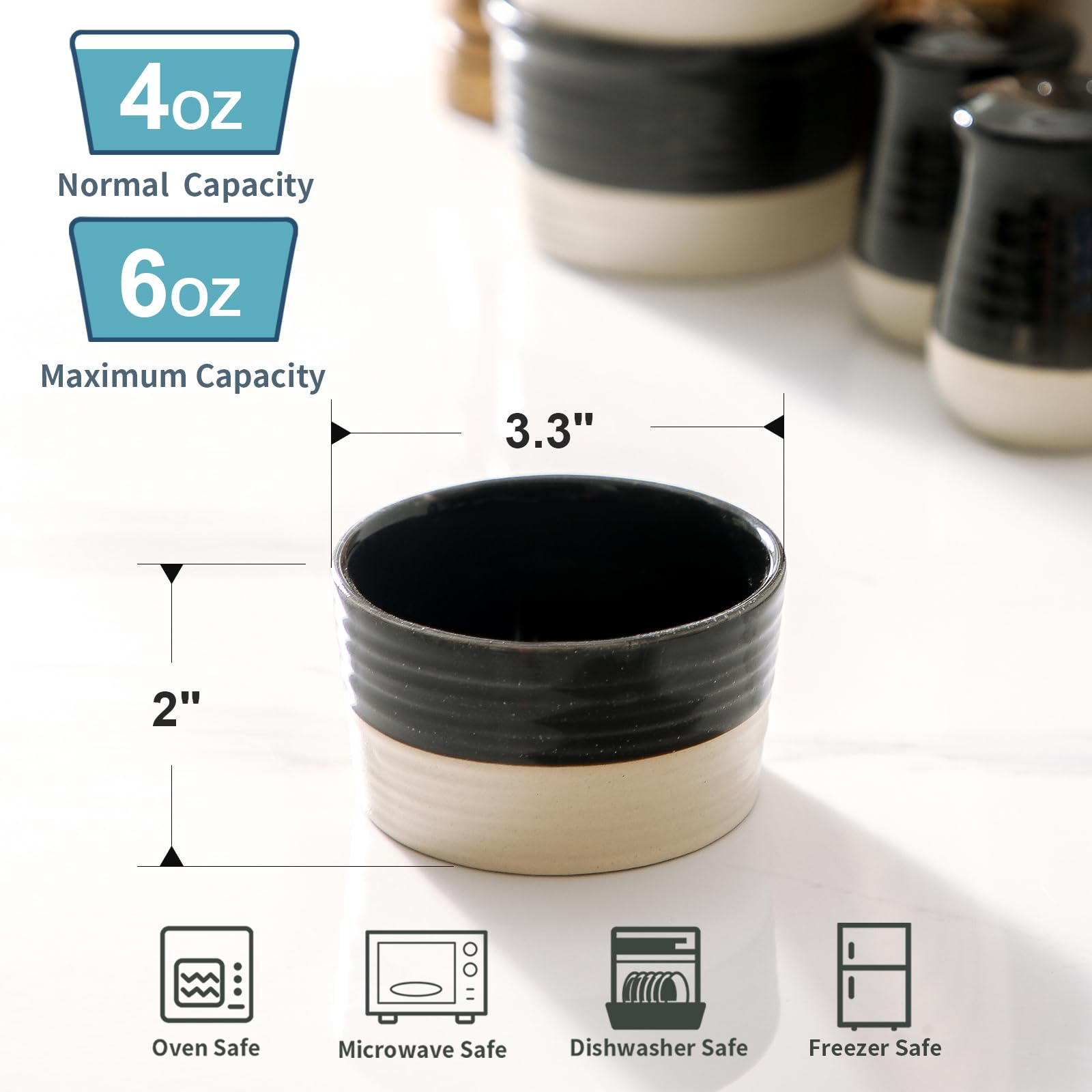 Hasense 6oz Ceramic Ramekins - Oven Safe Mini Baking Cups for Creme Brulee, Pudding & Ice Cream (Set of 6, Black) - Perfect for Desserts & Dipping Sauces