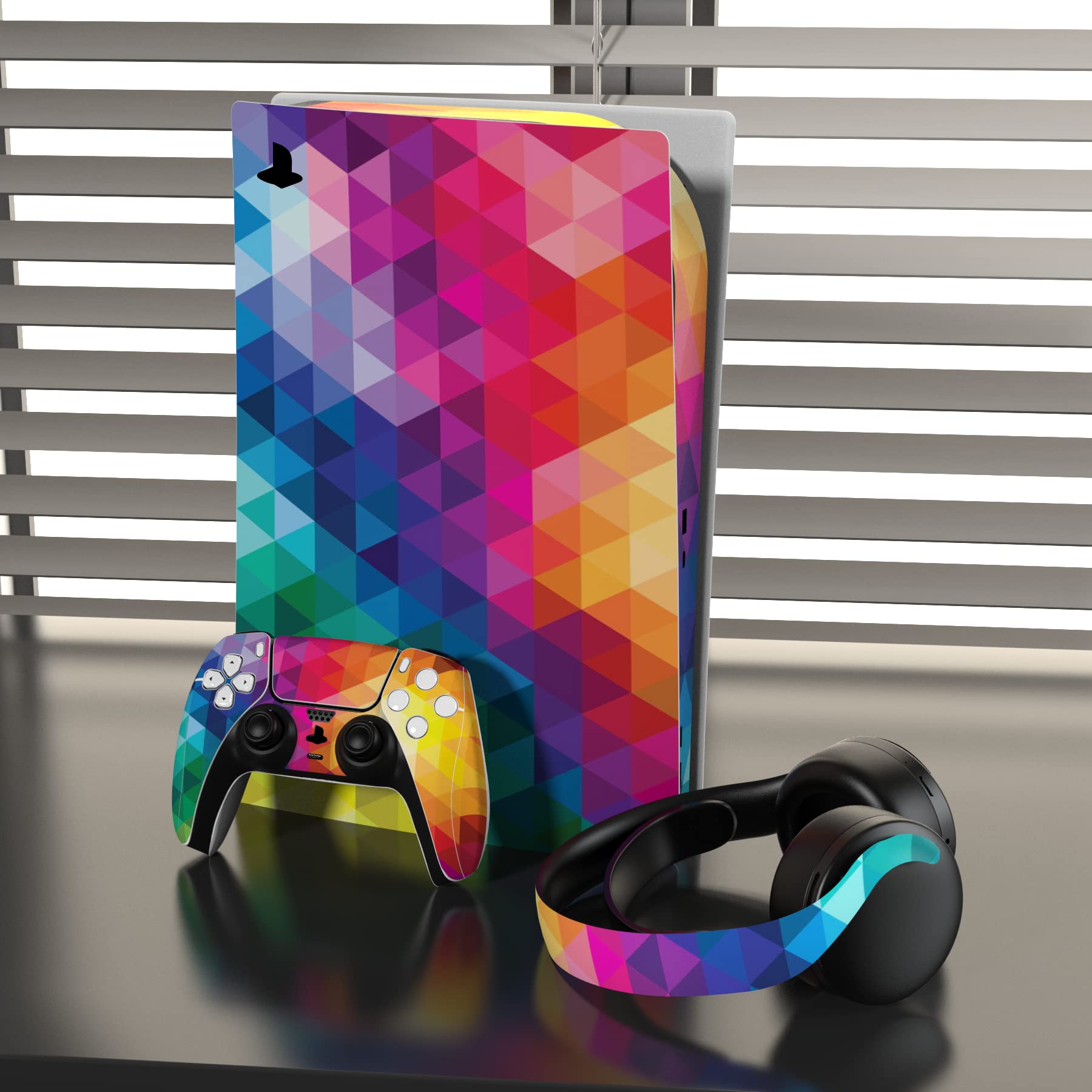 PlayVital Colorful Triangle Skin Stickers for PS5 Controller, Console Disc Edition, Charging Dock & Headset - Premium Vinyl Decals for Customization - Perfect for Gaming Setups & Personalized Gifts