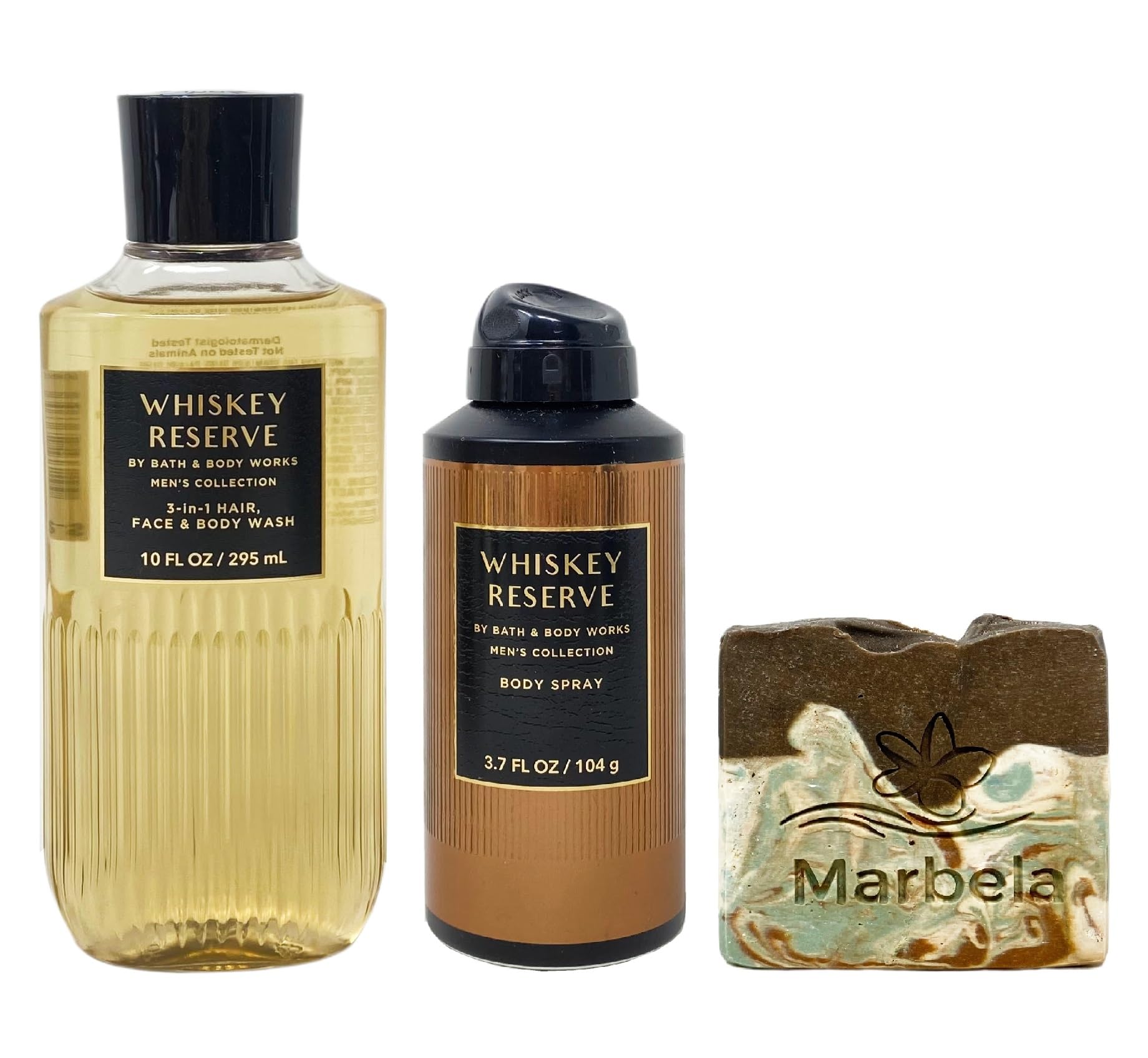 Bath & Body Works Men's Collection Whiskey Reserve Body Spray & 3-in-1 Hair Face Body Wash Gift Set with Cabin Spice Bar Soap - Full Size for Men's Grooming, Travel & Daily Hygiene Routine