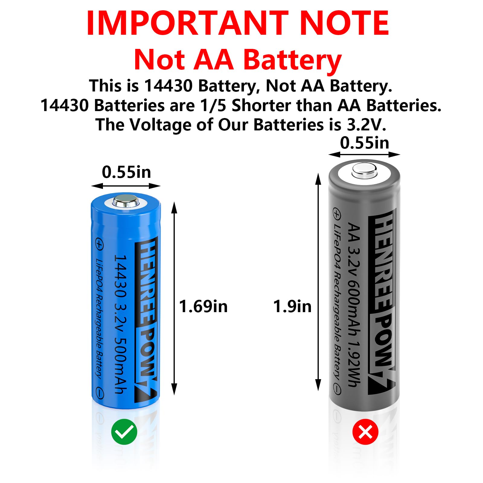 Henreepow 14430 3.2V 500mAh LiFePO4 Rechargeable Solar Batteries (4-Pack) - Long-Lasting Lithium Phosphate Battery for Solar Garden Lights, Shavers, Flashlights & Electric Toothbrushes | Perfect for Outdoor Solar Lighting & Portable Electronics