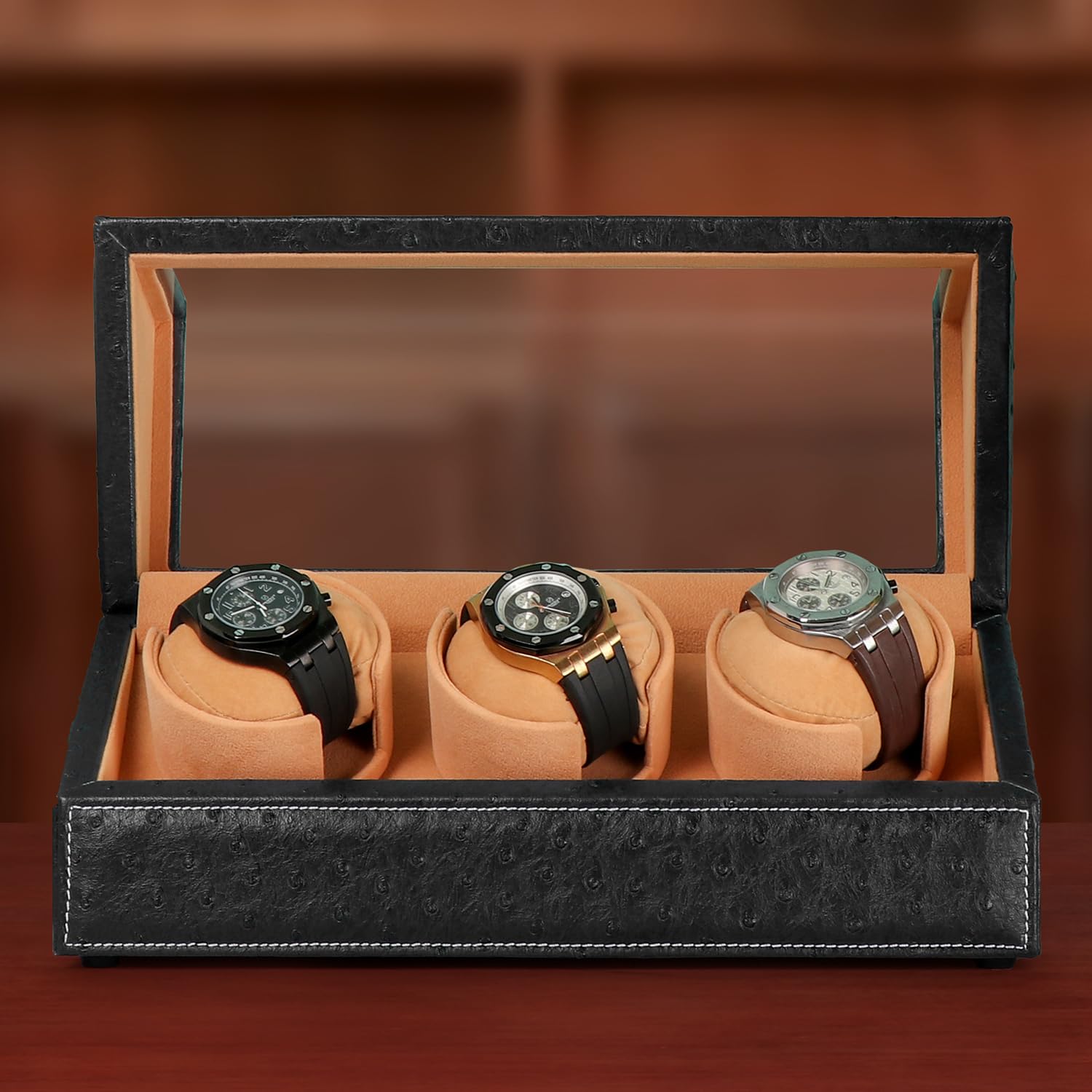Premium Automatic Watch Winder for Rolex & Luxury Watches - Silent Motor, Black Ostrich Leather Case with Velvet Pillows | Perfect for Watch Collection Display, Travel & Safe Storage