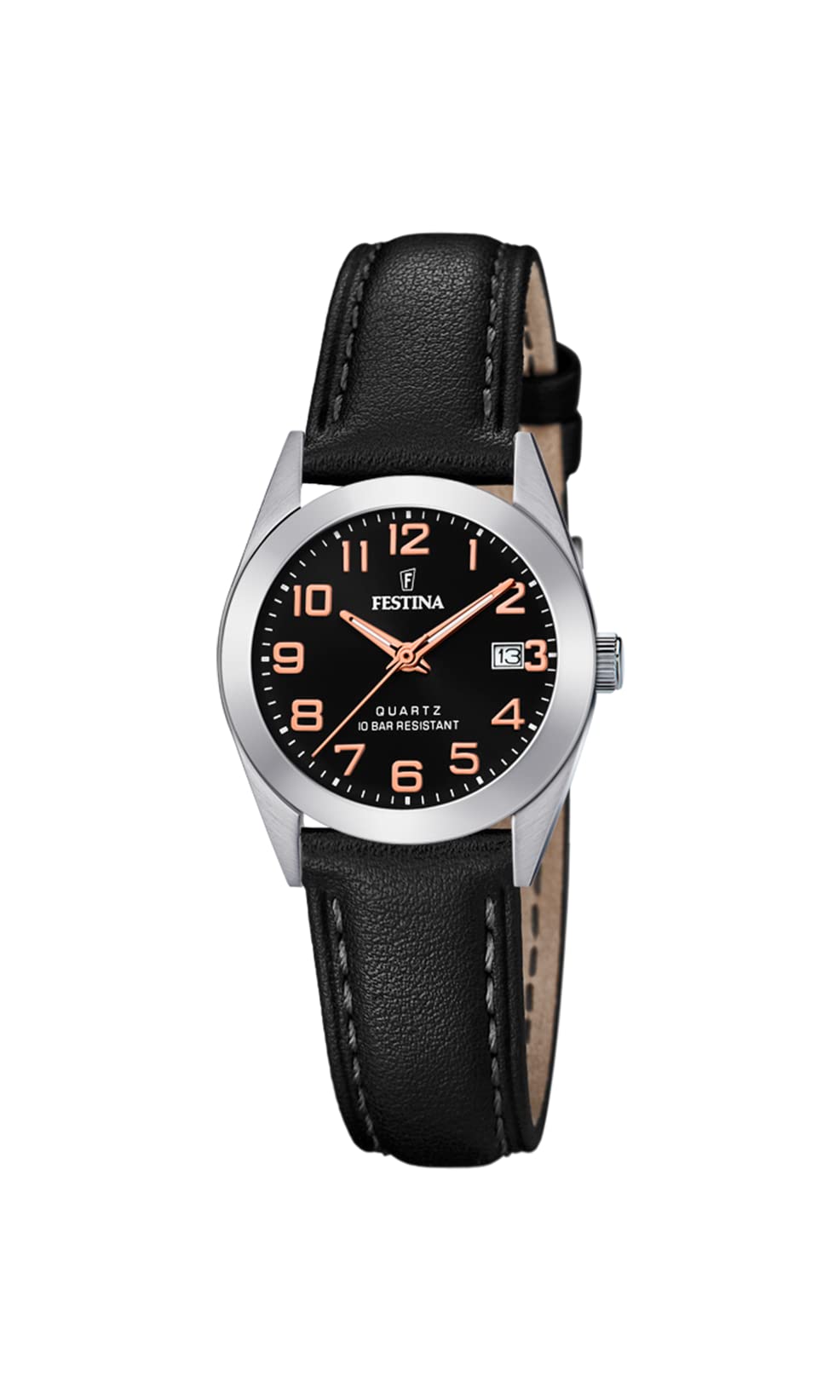 Festina F20447/3 Women's Black Leather Strap Stainless Steel Quartz Watch - Elegant Dress Watch for Business, Office & Formal Occasions