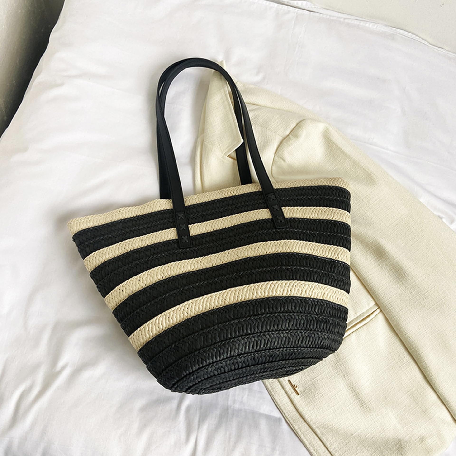 Rejolly Straw Tote Bag for Women - Large Woven Beach Bag with Zipper & Leather Handle - Perfect for Summer Vacation, Shopping, and Outdoor Activities