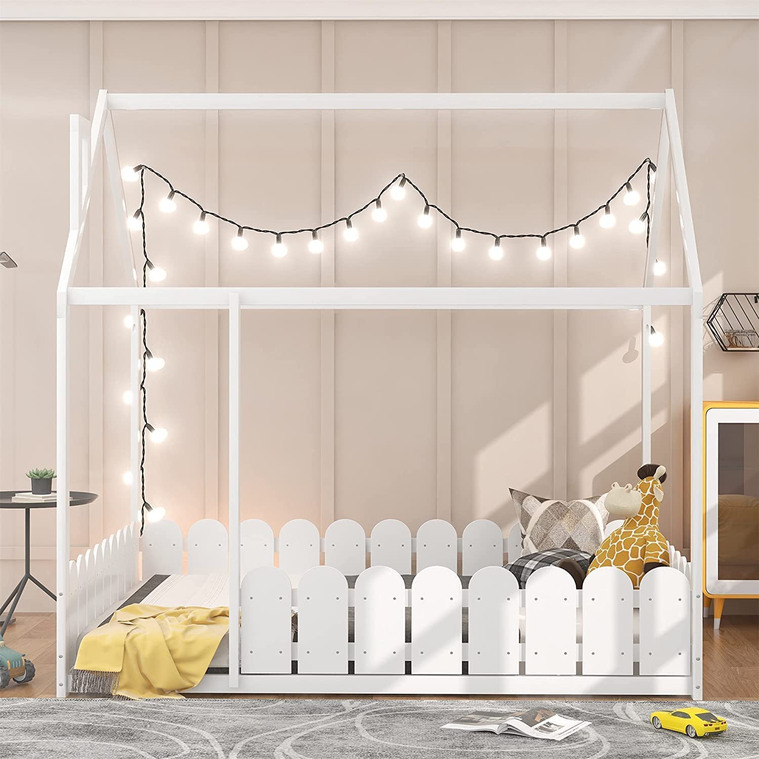 Harper & Bright Designs Full Size Wooden House Bed for Kids - Montessori Floor Bed with Fence-Shaped Rails & Tent Frame - White House Bed Frame for Girls & Boys - Perfect for Playrooms, Bedrooms & Montessori Learning Spaces