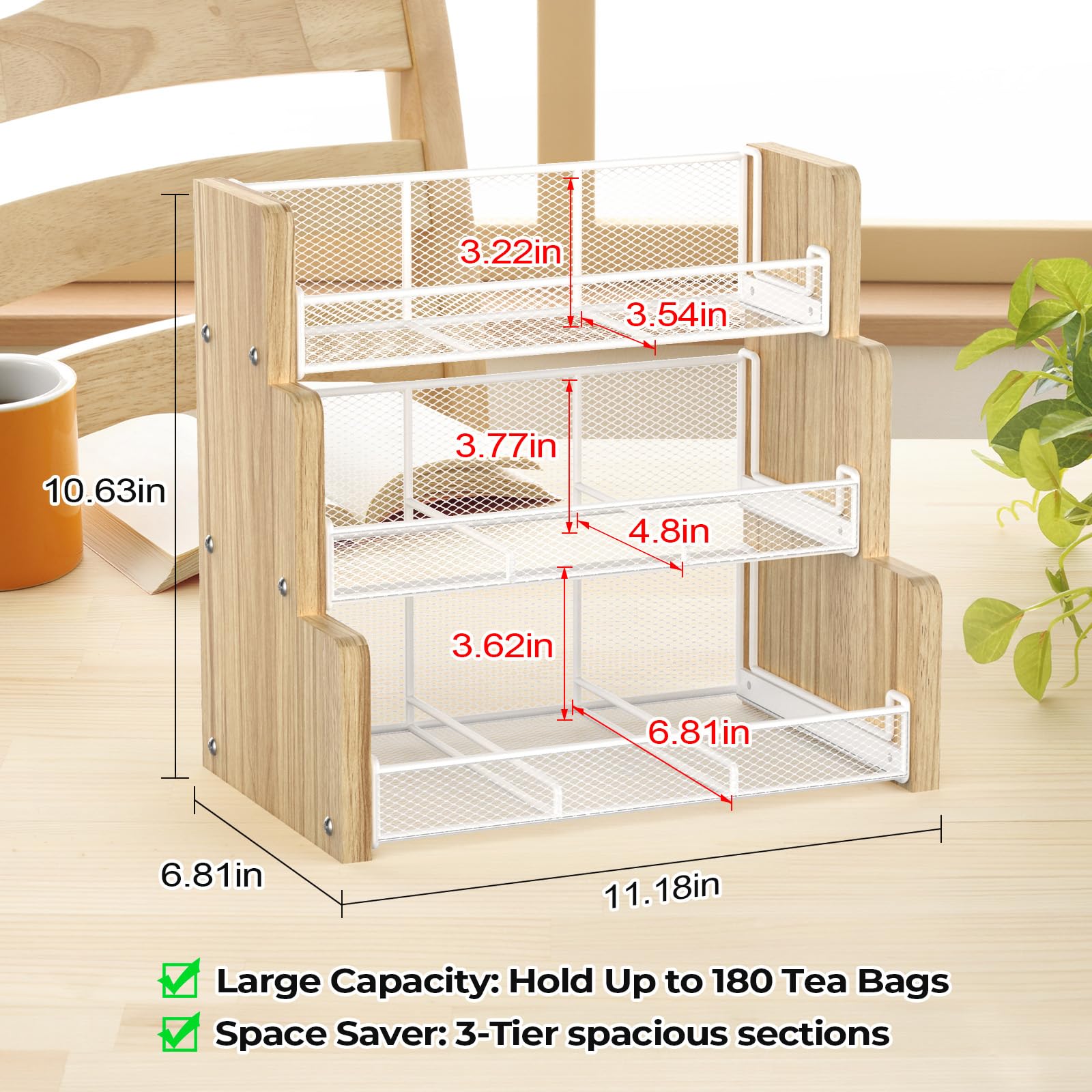 TJ.MOREE 3-Tier Solid Wood Tea Bag Organizer & Storage Box - Perfect for Tea, Coffee, Sugar Packets & Creamers - Ideal for Kitchen Countertop, Office, Cabinet Pantry & Home Organization (White)