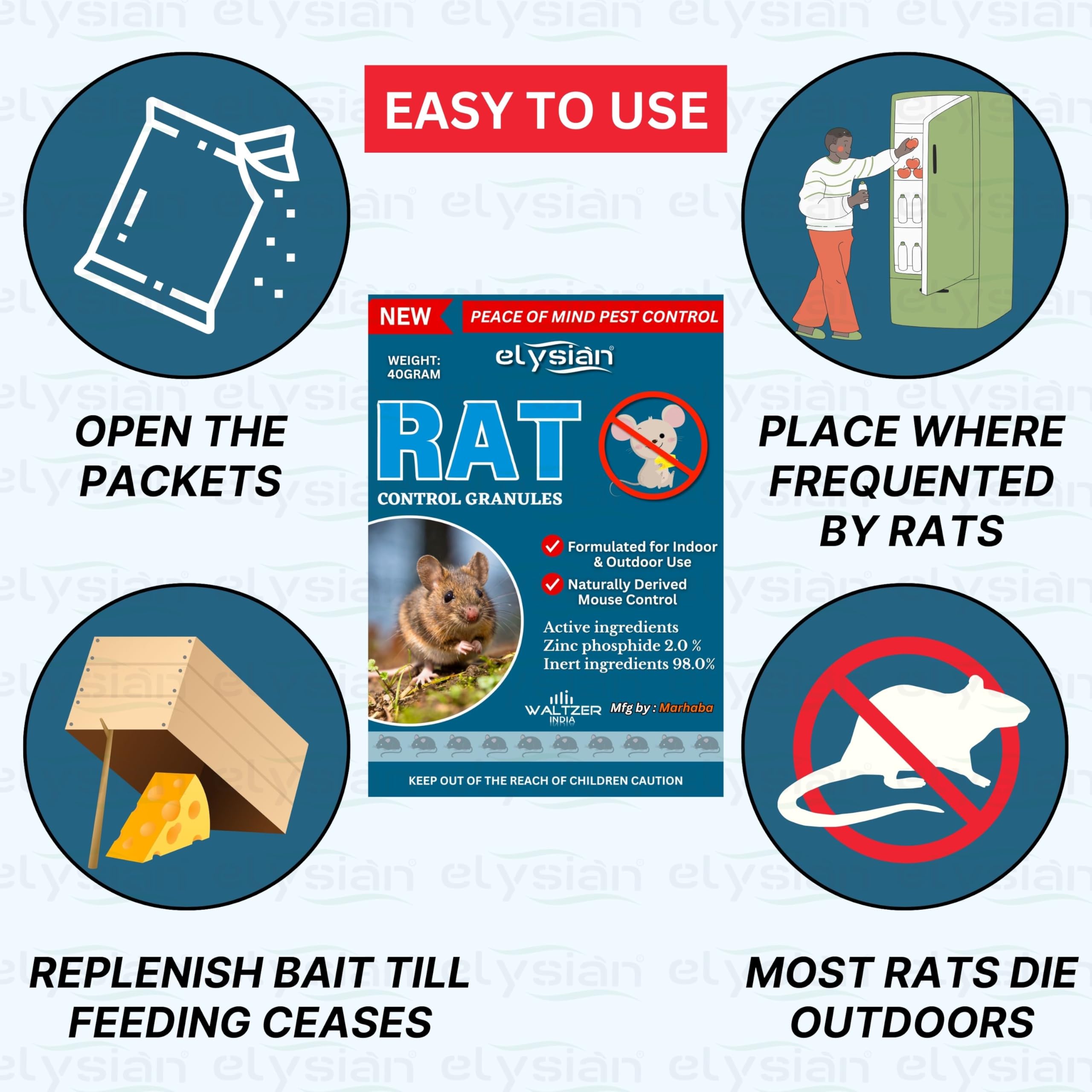 Elysian 40g Rat Poison Granules - Highly Effective Mouse Control Pellets for Home, Kitchen, Garden, Warehouse & Garage | Rodent Repellent for Indoor & Outdoor Use