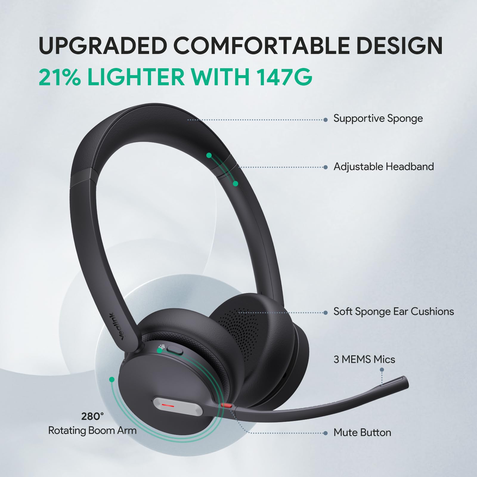 Yealink BH70 UC Wireless Bluetooth Headset with Microphone - Noise Cancelling Headphones for Computer, 35 Hours Battery Life, Lightweight 147g for Open Office | Perfect for Remote Work, Video Conferencing & Call Center Use