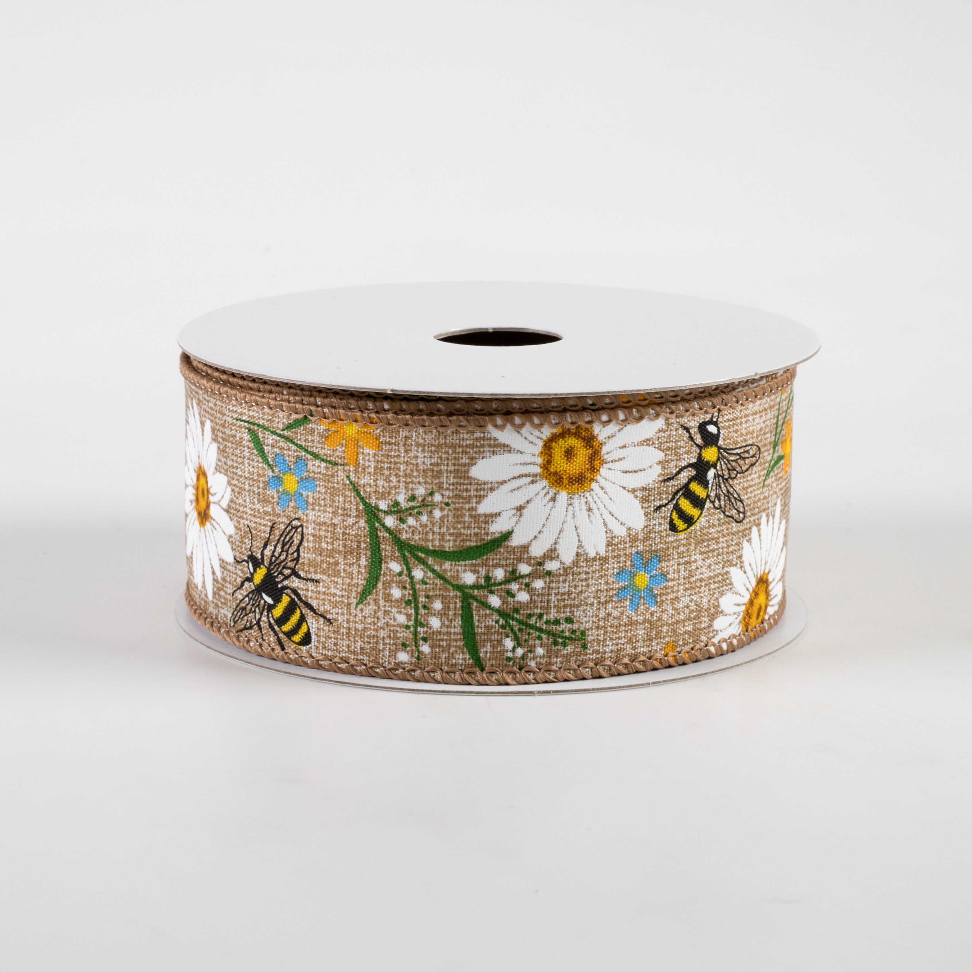 1.5 Inch Bees & Flowers Printed Linen Ribbon - Natural & Blue Craft Ribbon (10 Yards) for DIY Scrapbooking, Gift Wrapping & Home Decor