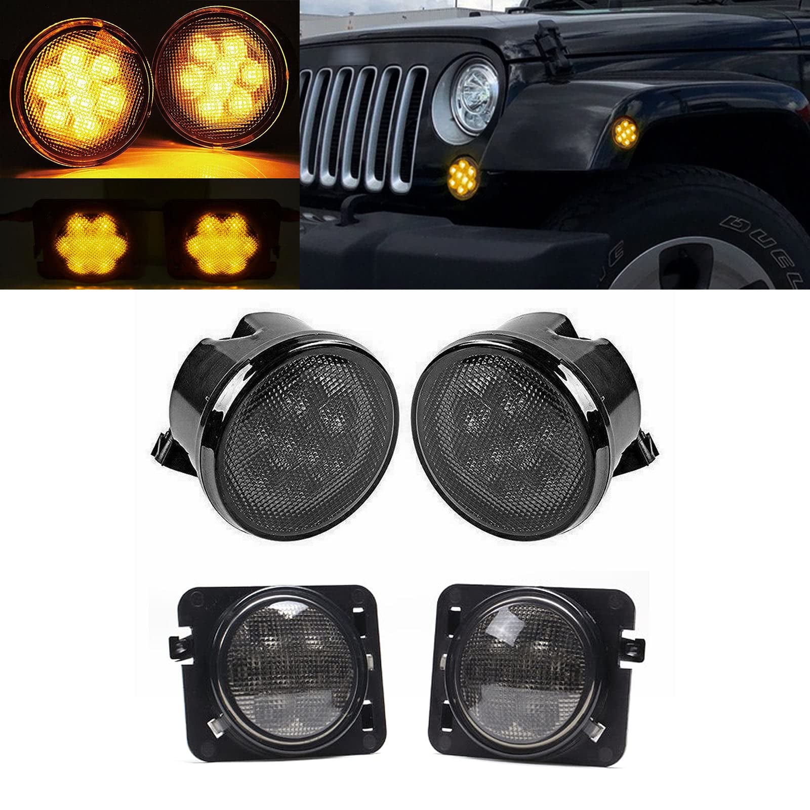 LOYO 4pcs Smoked Lens LED Front Grill Marker Lights & Turn Signal Lights for Jeep Wrangler JK - Off-Road Style Upgrade for Daytime Running & Night Visibility