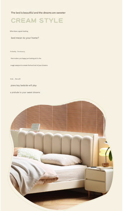 Solid Oak Wood Piano Key Bed Frame - Cream Finish - Elegant and Durable Bedroom Furniture for Classic and Modern Decor Styles