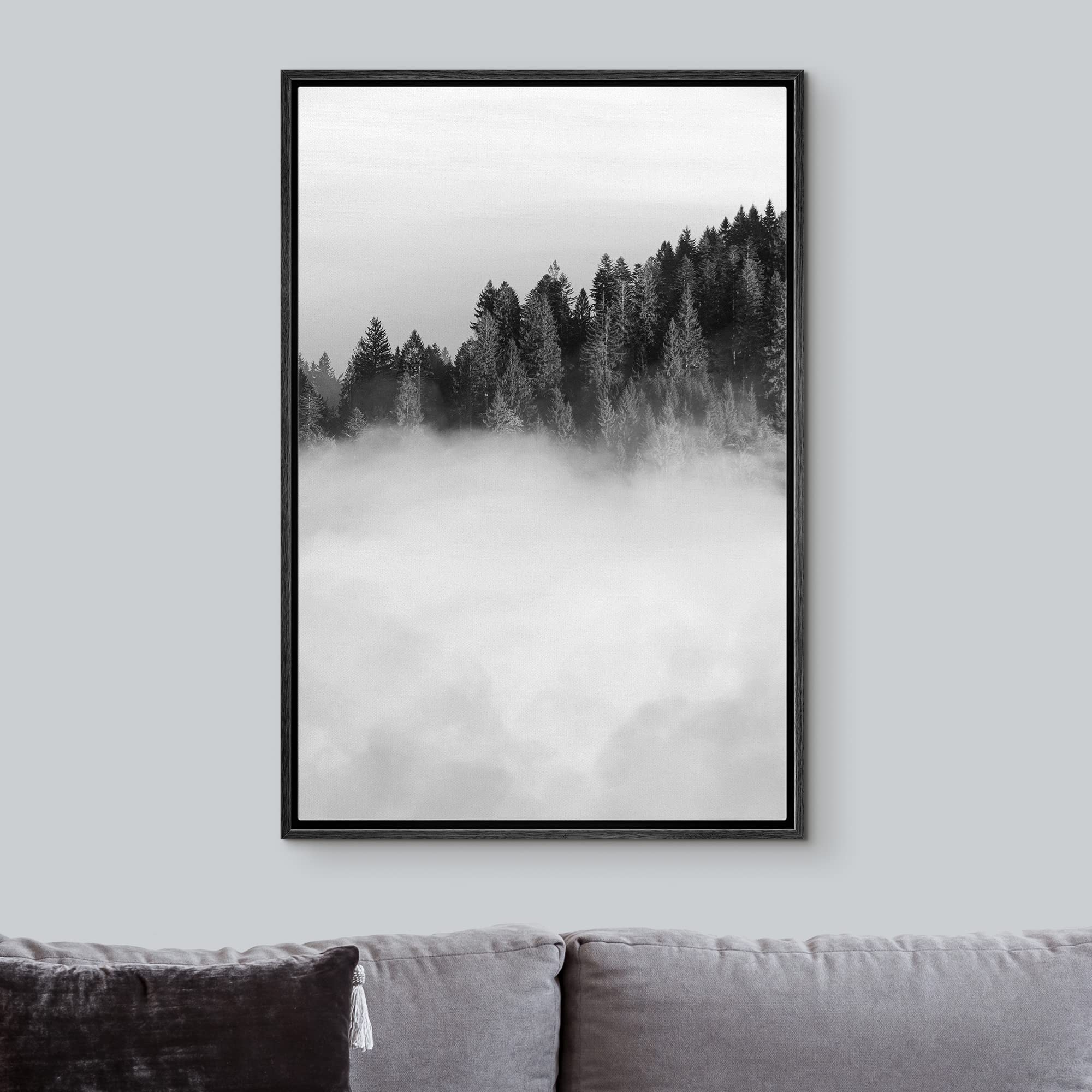 IDEA4WALL Framed Canvas Print - Black & White Misty Forest Wall Art, Woodland Nursery Decor, Nature Wilderness Realism, Rustic Dramatic Cool Design for Living Room, Bedroom, Office, 16