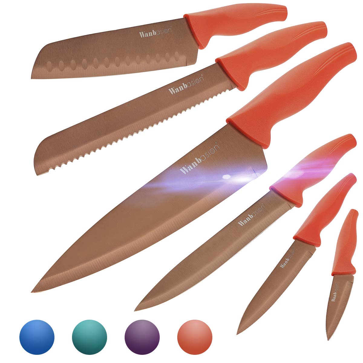 Wanbasion Professional Orange Chef Knife Set - 6-Piece Stainless Steel Kitchen Knives with Blade Covers | Dishwasher Safe | Ideal for Home Cooking, Restaurant Use & Culinary Gifts