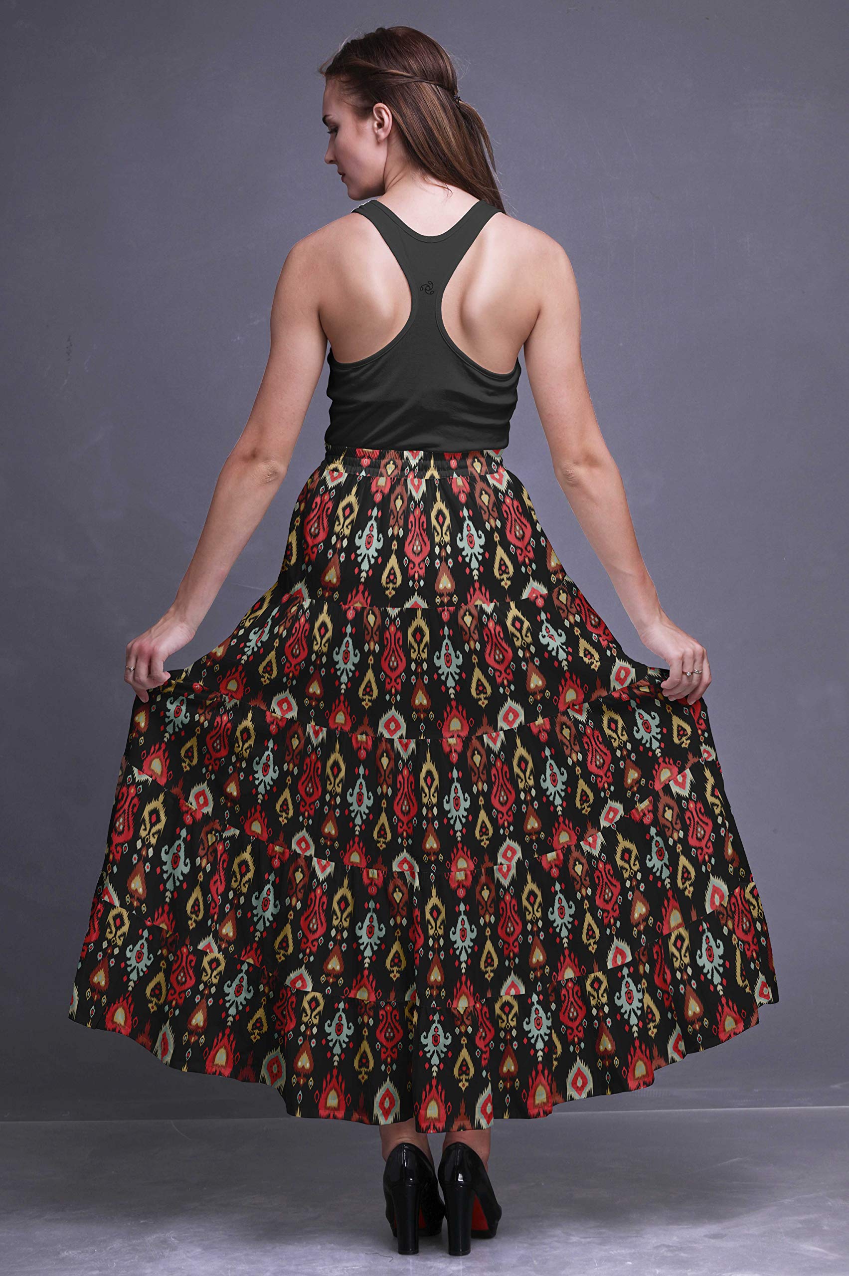 Bimba Women's Printed Long 5-Tier Cotton Skirt - Boho Style Maxi Skirt for Summer, Beach, Music Festivals & Casual Outfits