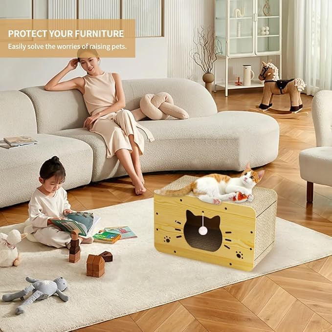 Premium Cat Scratcher House with Scratching Board & Hanging Ball Toy - Large Cardboard Cat Bed Cave for Resting & Play - Perfect for Indoor Cats, Multi-Level Scratching & Cozy Napping Spaces - Ideal for Living Rooms, Bedrooms & Cat Play Areas