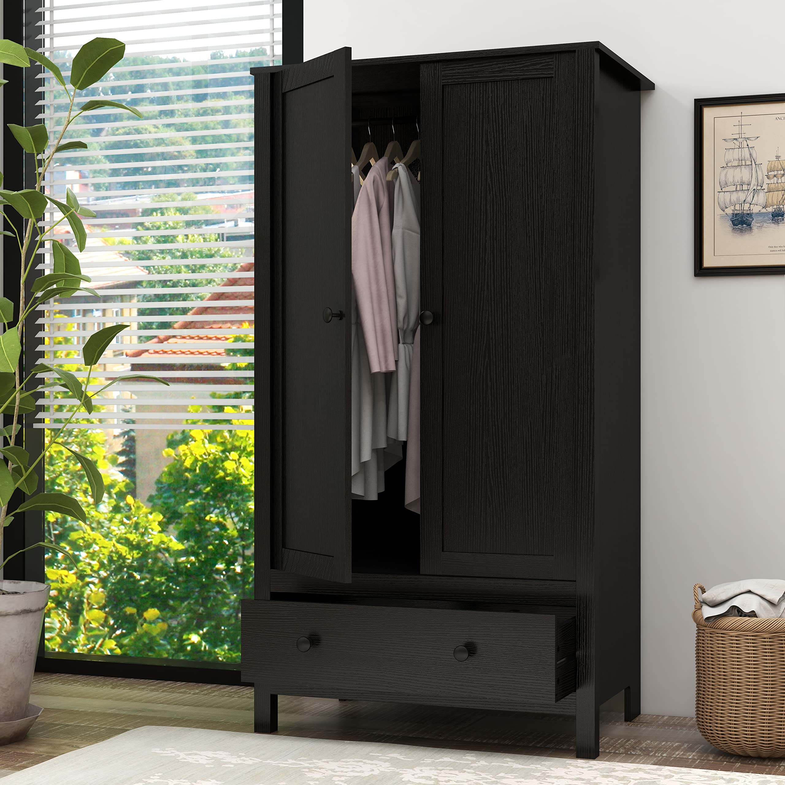 Panana 2 Door Wardrobe Closet with Drawer - Black Wooden Armoire for Bedroom Storage | Perfect for Organizing Clothes, Shoes & Accessories in Master Bedroom, Guest Room or Dorm