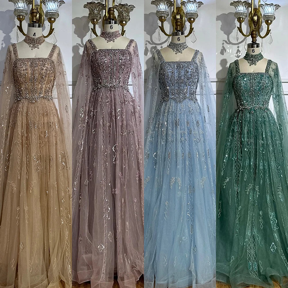 Luxury Dubai Arabic Nude A-Line Cape Sleeve Crystal Beaded Evening Gown for Women - Saudi Formal Dress LA72764 | Wedding, Prom, Gala & Special Occasions