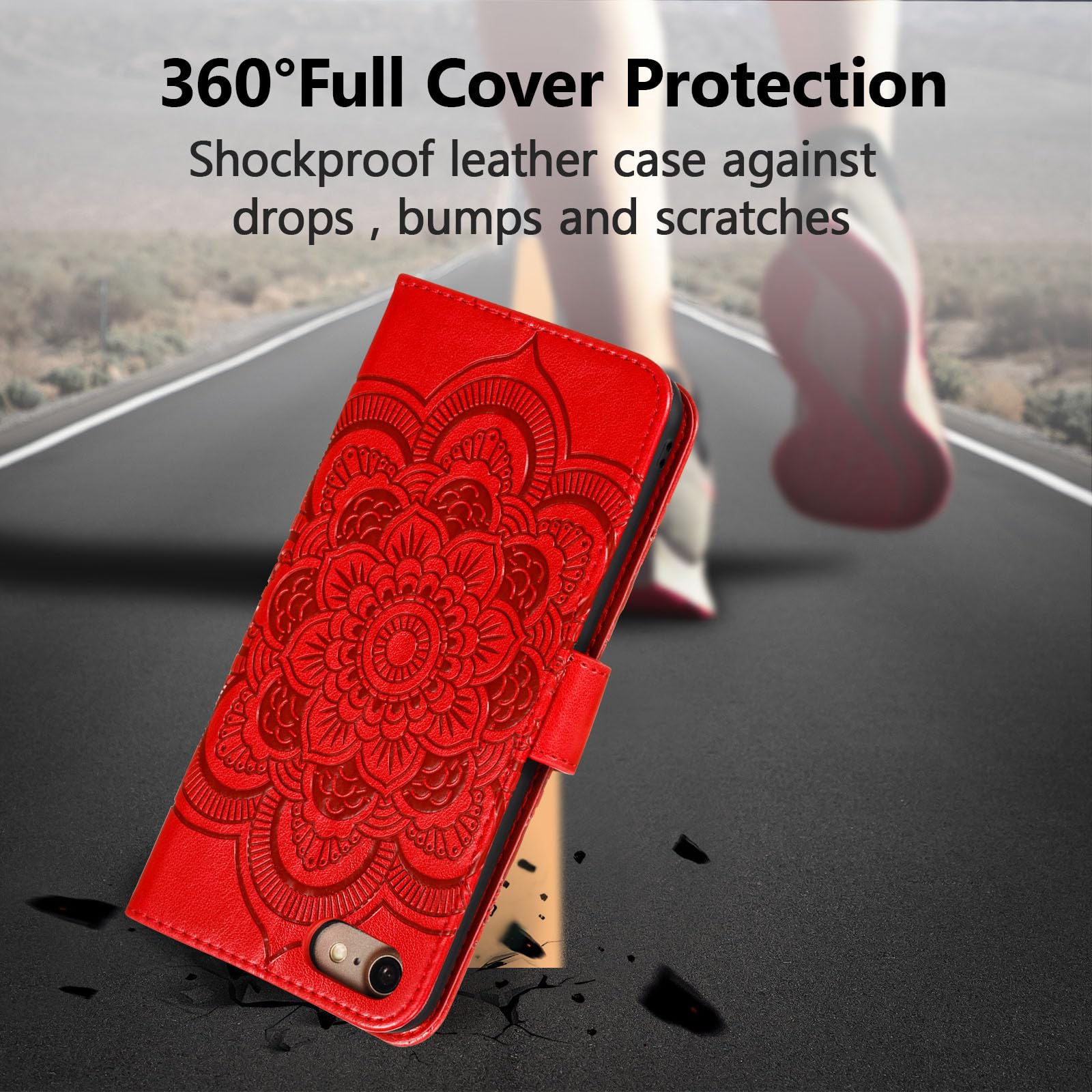 Premium Leather Mandala Flip Wallet Case for iPhone SE/7/8 (5G Compatible) - Magnetic Stand with Card Slots & Lanyard, Ultra Slim Embossed Cover (Red) - Perfect for Daily Commute, Travel & Hands-Free Viewing