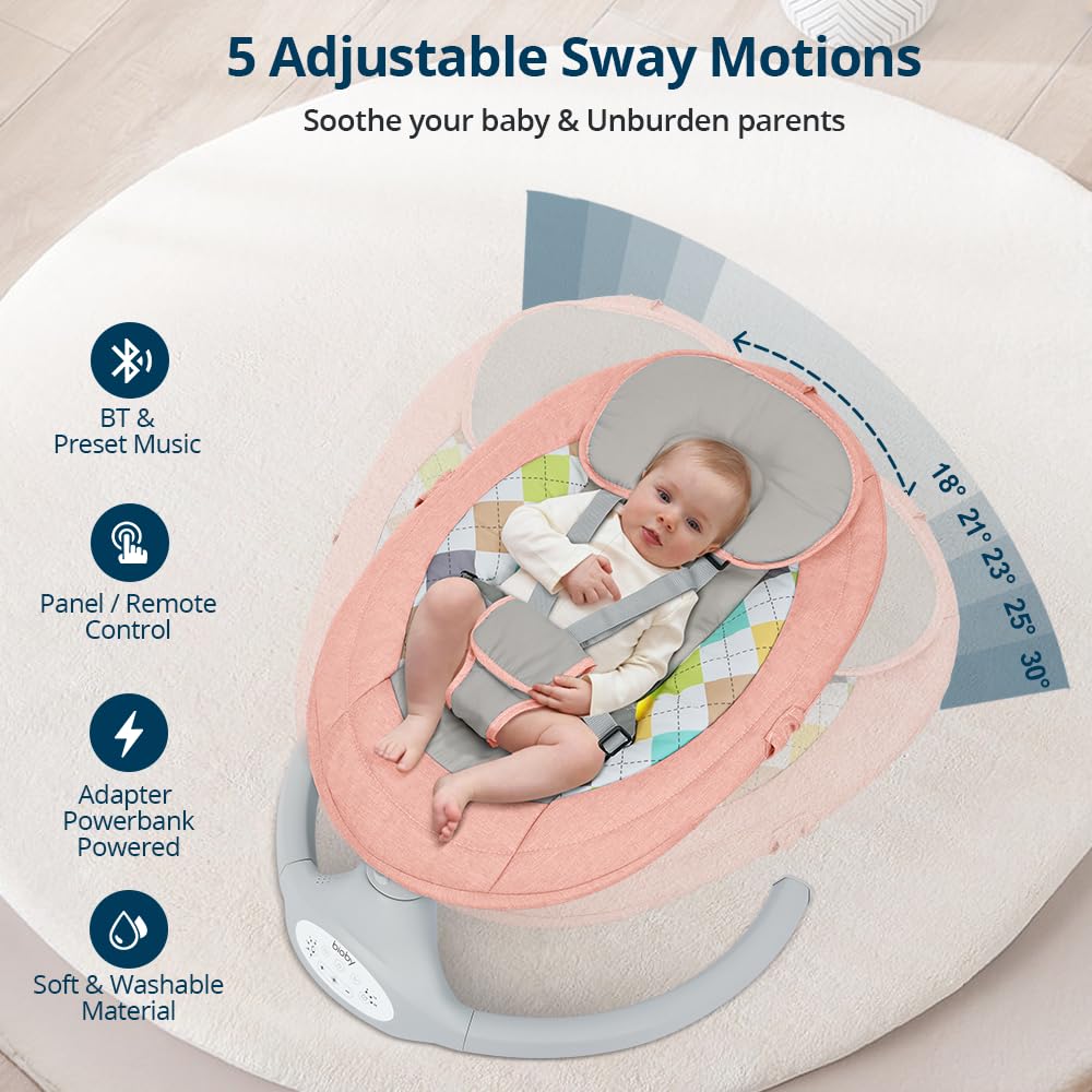 Bioby Baby Swing for Infants 0-12 Months - Portable Rocker with 5 Speed Settings, Bluetooth Music, Remote Control & 5-Point Safety Harness - Lightweight Bouncer for Babies 5-20 lbs (Pink) - Perfect for Nursery, Travel & Soothing Fussy Babies