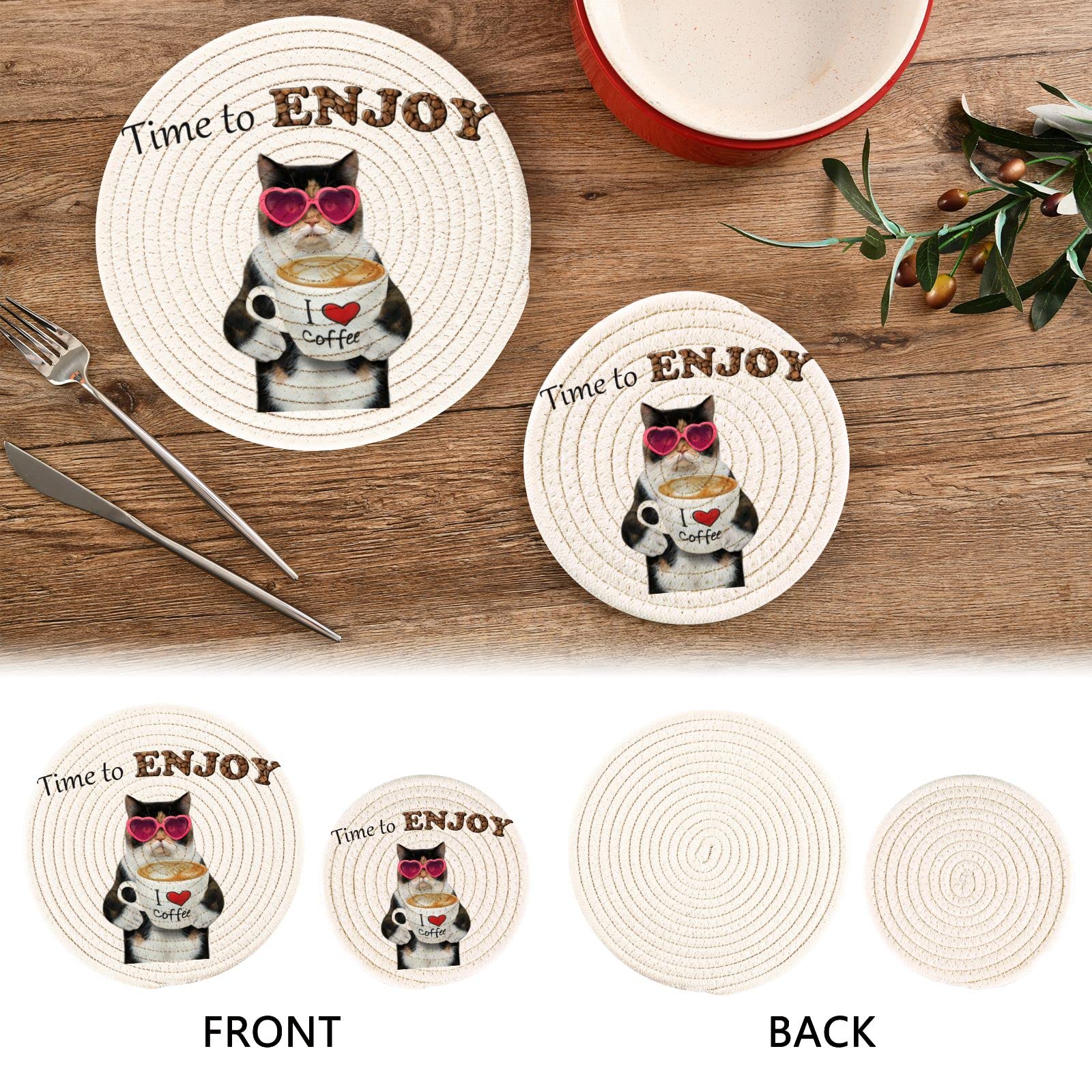 Funny Cat Coffee Quote Pot Holders & Trivets Set of 2 - Heat Resistant Kitten Cotton Weave Trivet Mats for Hot Pans, Bowls & Teapots - Perfect for Kitchen Decor & Coffee Lovers' Gift