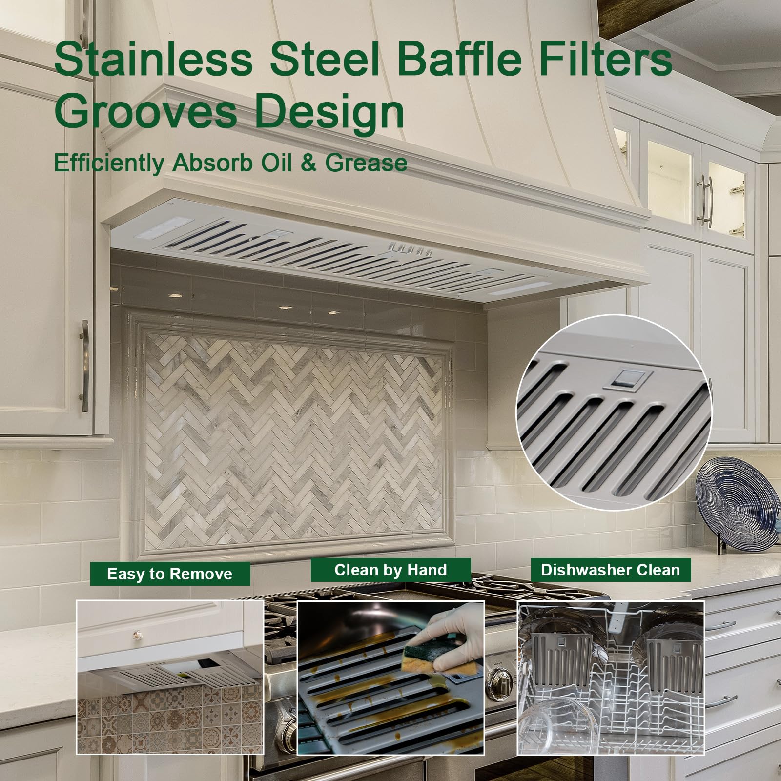 Akicon 36 Inch Stainless Steel Range Hood Insert - Ultra Quiet 600 CFM Ducted Kitchen Vent Hood with Powerful Suction, 3-Speed Settings, LED Lights & Dishwasher Safe Filters - Perfect for Built-In Kitchen Ventilation & Smoke Removal