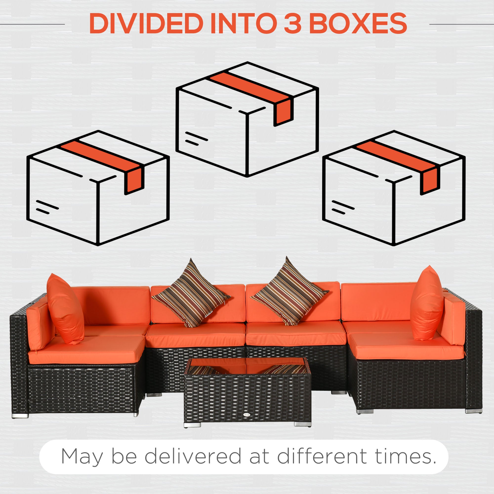 Outsunny 7-Piece Garden Wicker Sectional Patio Set with Coffee Table, Rattan Sofa & Cushions - Outdoor Lounge Furniture for Deck, Backyard, Poolside (Orange)