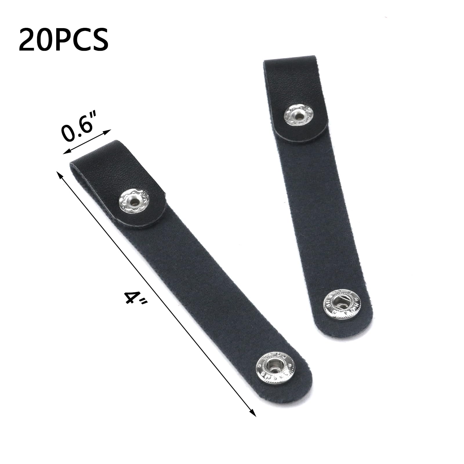 20pcs Black Leather Cable Straps with Snap Fastener - Reusable Leather Cable Ties for Charger, Extension Cord & Wire Management - Perfect for Home, Office & Travel Organization
