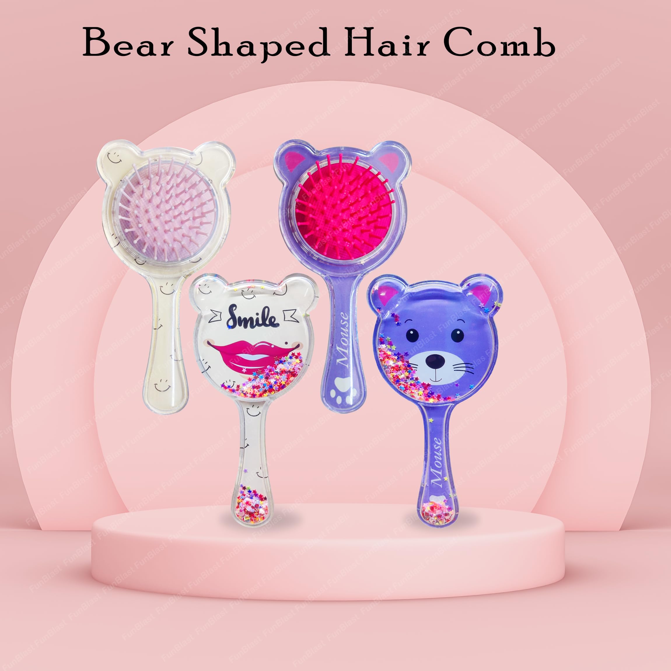 FunBlast 2-Pack Bear Shaped Hair Combs for Girls - Soft Bristle Glitter Hairbrush with Massage Tips, Cute 3D Animal Design Kids Hair Brush (Random Colors) - Perfect for School, Travel & Daily Hair Care