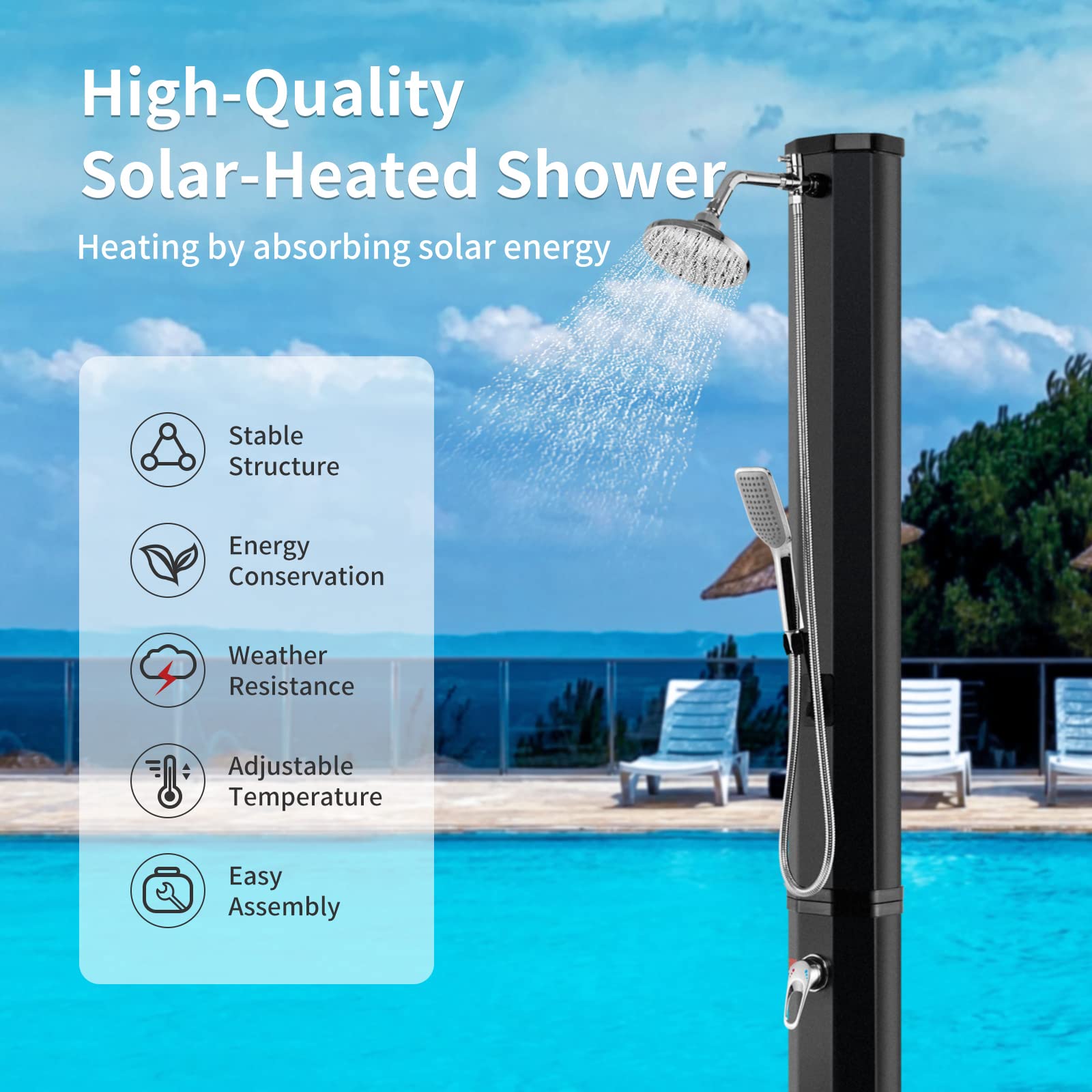 Happygrill 7.2 FT Solar Outdoor Shower with 360° Swivel Head - Adjustable Temperature & Pressure - Freestanding Design for Camping, Beach & Backyard Use