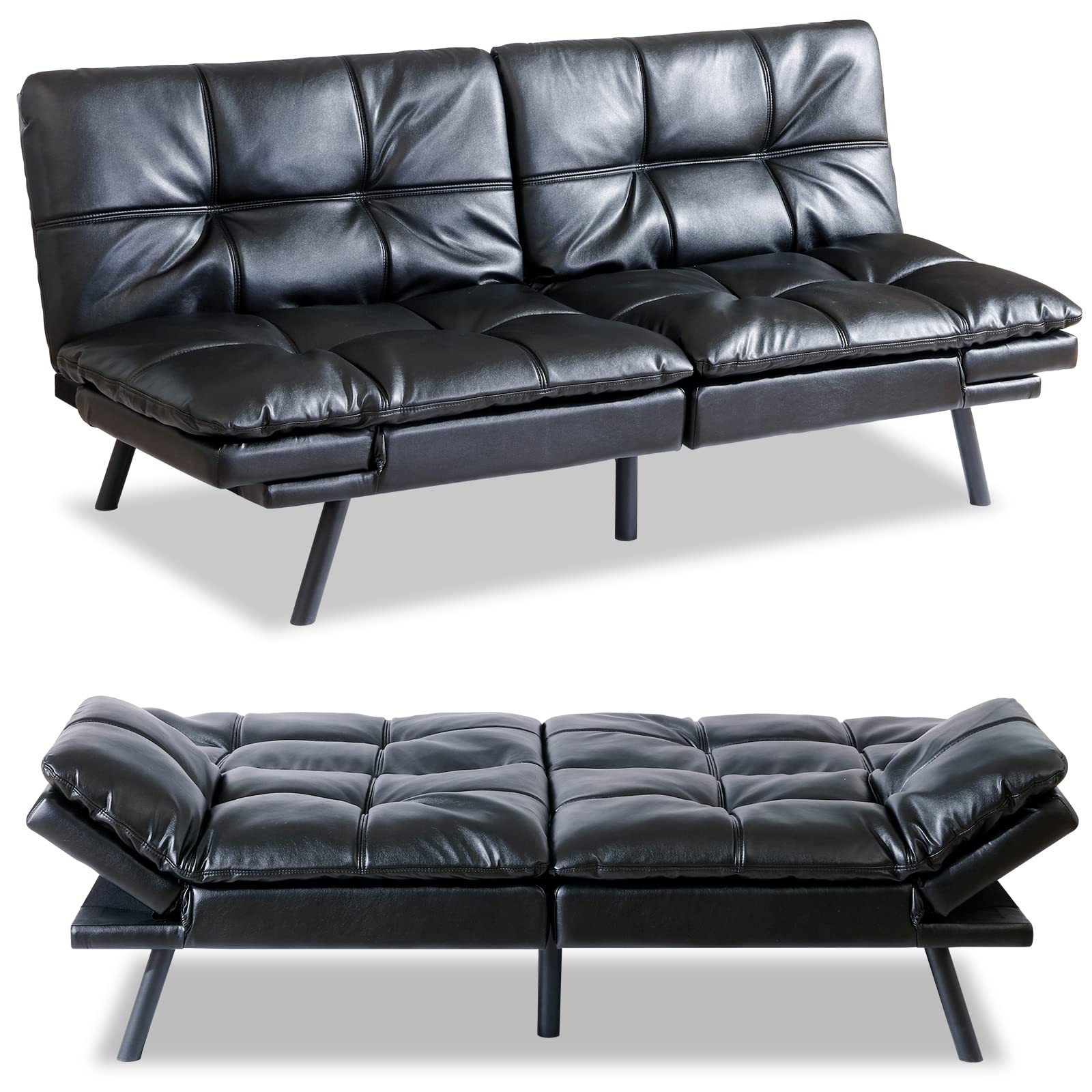 2-in-1 Leather Futon Sofa Bed - Convertible Sleeper with Adjustable Backrest & Armrests | Space-Saving Sofa Couch for Small Apartments & Compact Living Rooms | Perfect for Guest Beds, Studio Apartments & Cozy Lounging (Black)