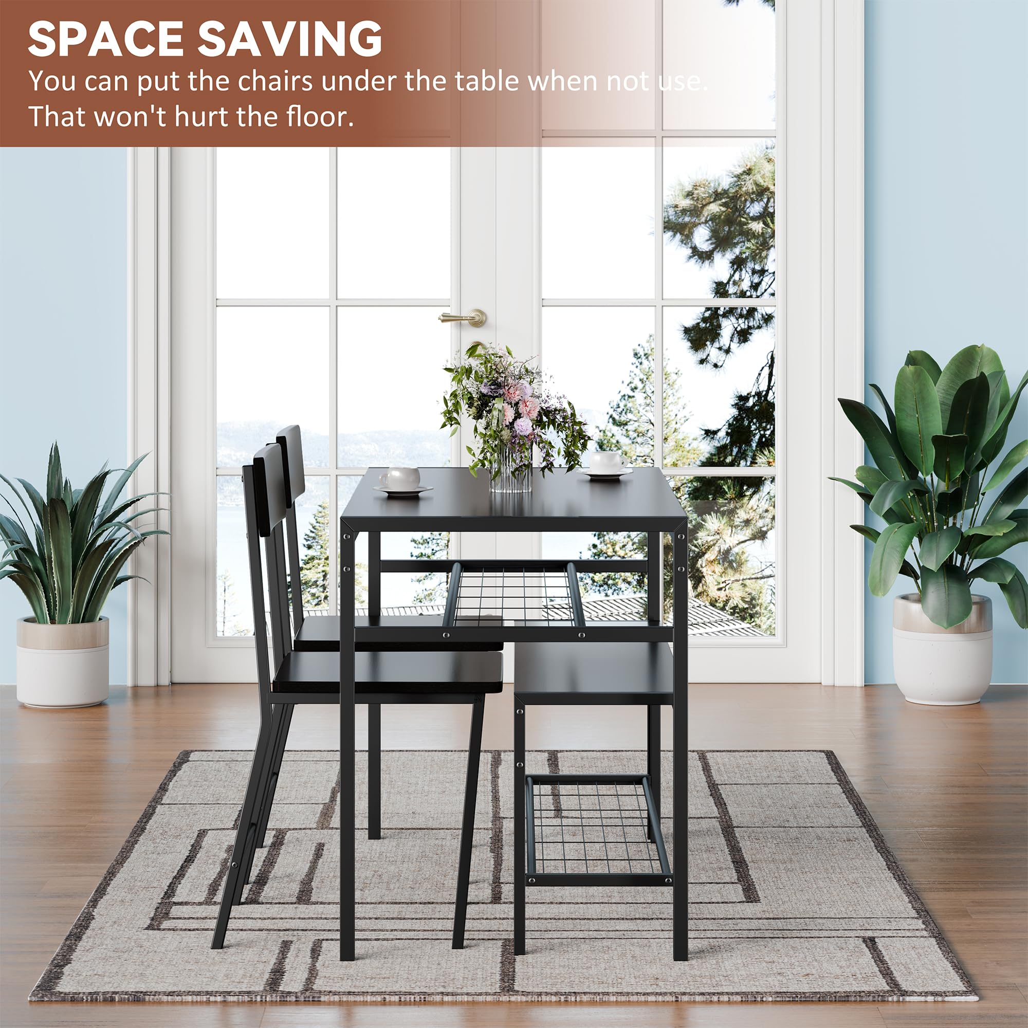 Meilocar 4-Piece Wooden Dining Table Set with 2 Chairs & Bench, Industrial Kitchen Table with Storage Racks - Perfect for Small Spaces, Breakfast Nooks & Modern Farmhouse Dining Rooms