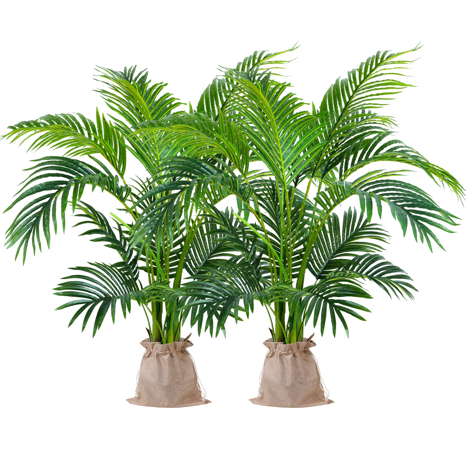 Worth Garden 4ft Artificial Areca Palm Plant - 2 Pack Potted Fake Cane Palm Silk Tree for Indoor & Outdoor Decor | Lifelike 47in Dypsis Lutescens Faux Plant with 2 Linen Bags - Perfect for Home, Office, Patio & Garden Decorations