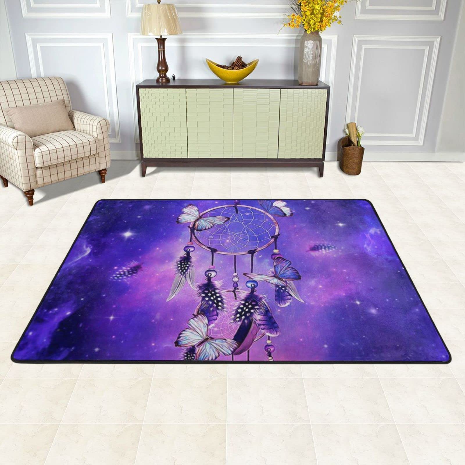 Purple Butterfly Wind Chimes Area Rug - Mysterious Romantic Non-Slip Floor Rug for Living Room, Bedroom & Study | Durable 6x8ft Home Decor | Perfect for Boho Chic Decor, Cozy Spaces & Gift Giving