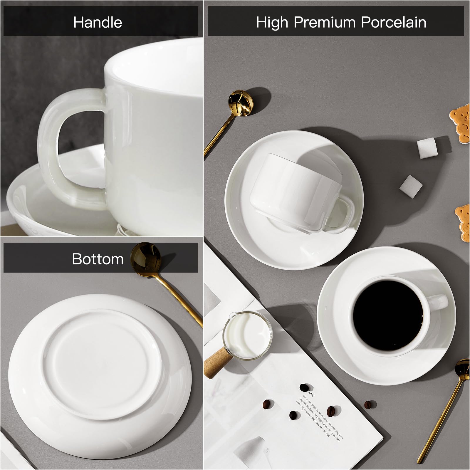 6-Pack White Porcelain Coffee Cups with Saucers & Spoons - 7 oz Cappuccino, Tea, Espresso, Latte, Mocha Serving Set - Perfect for Home, Office, Cafe & Restaurant Use