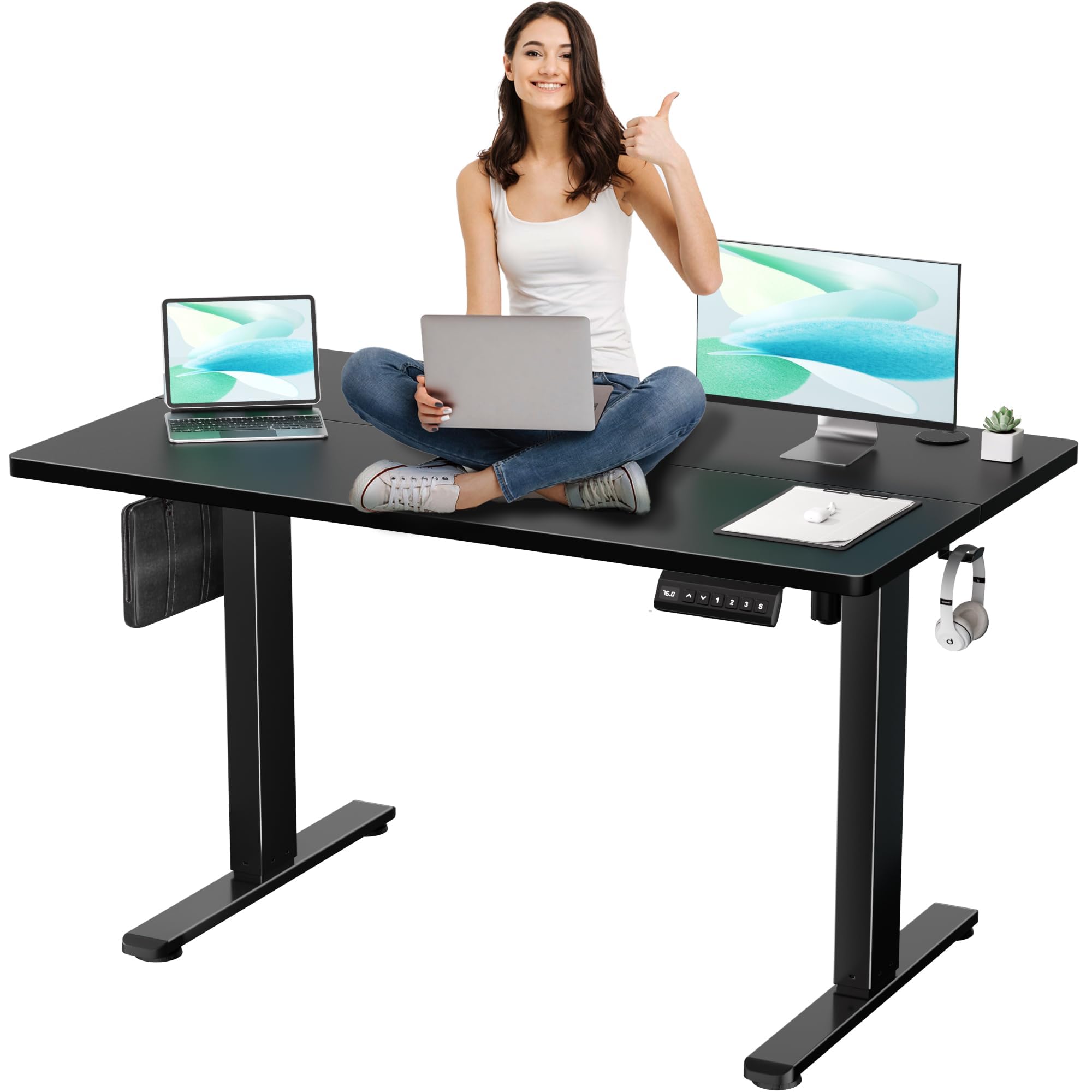 Adjustable Electric Standing Desk 48 x 24 Inches - Ergonomic Sit Stand Workstation with Splice Board for Home Office | Perfect for Remote Work, Gaming & Study (Black)