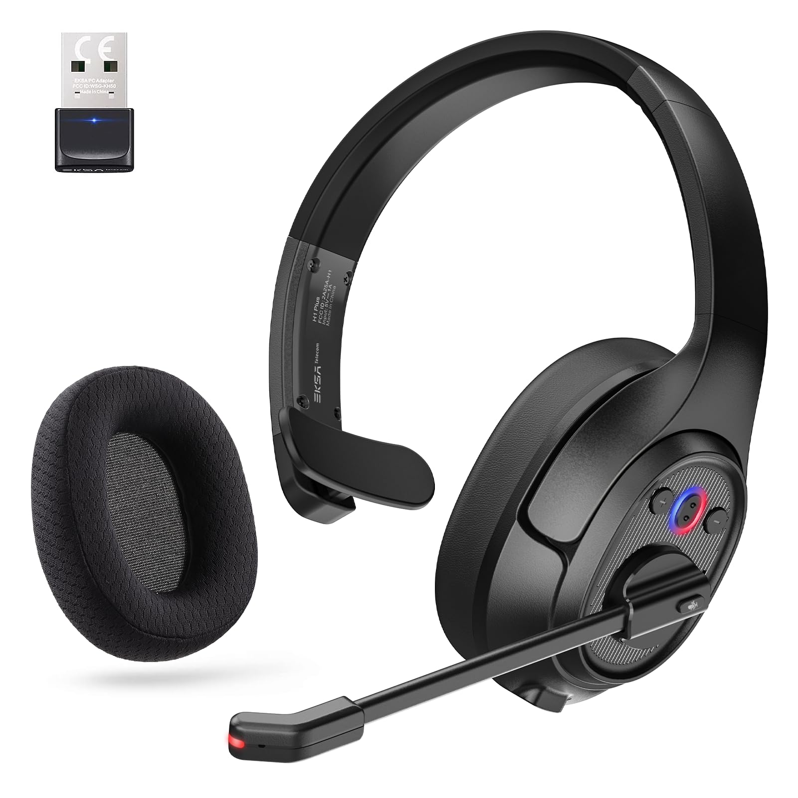 EKSA Bluetooth Trucker Headset - Wireless Headset with Noise Cancelling Mic & USB Dongle, 99ft Range, Volume Control, Single Ear Headphone for PC/Mac/Phone - Perfect for Truck Drivers, Call Centers & Online Gaming